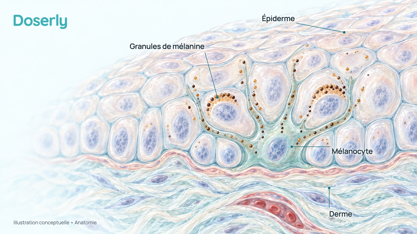 Coupe conceptuelle de la peau montrant la couche externe de cellules de la peau, avec à sa base une cellule pigmentaire (mélanocyte) qui transmet des granules de pigment foncé et plus clair aux cellules voisines. Elle montre l’anatomie, et non un effet mesuré du glutathion.