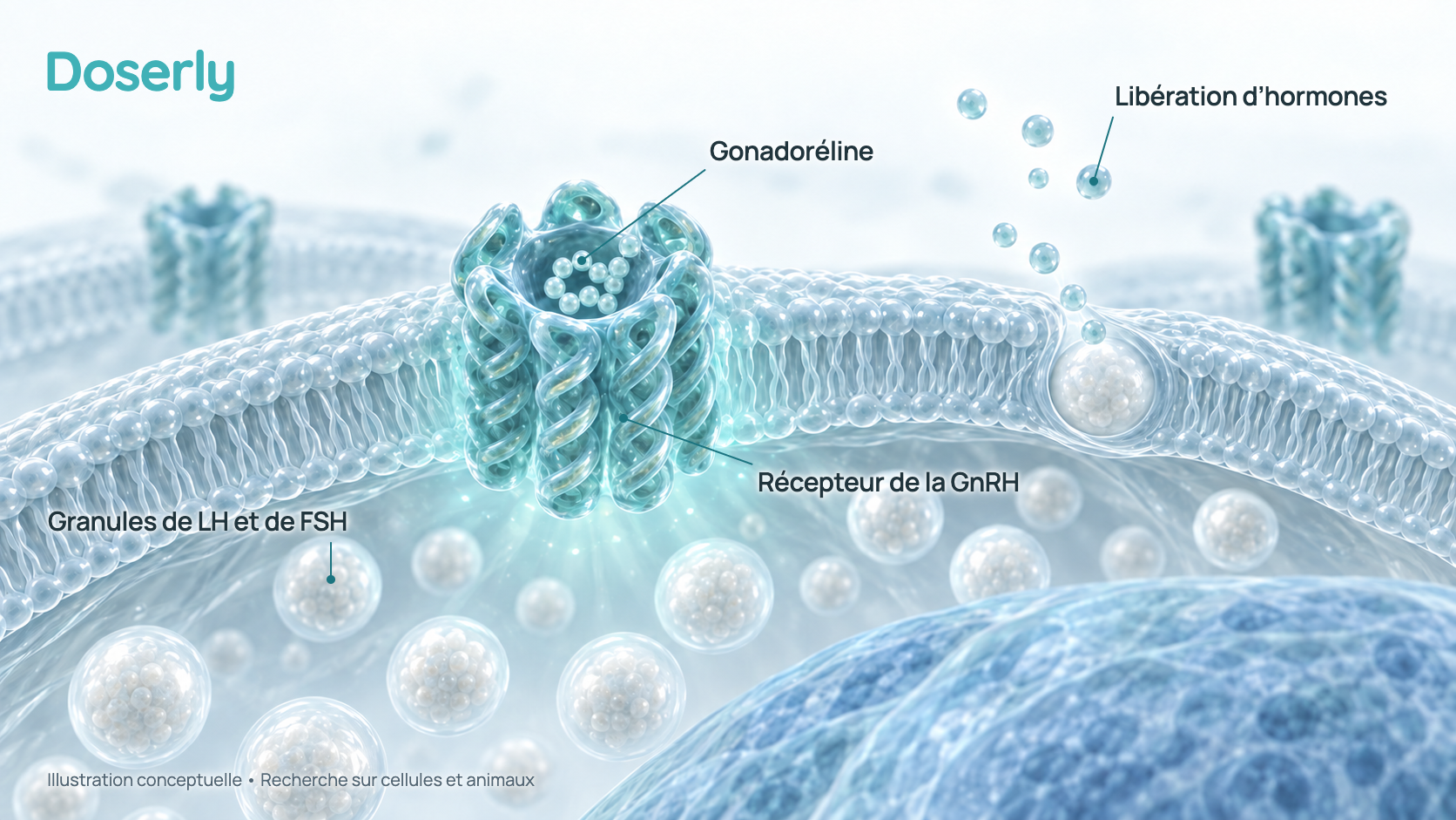 Illustration conceptuelle d’une cellule gonadotrope de l’hypophyse portant des récepteurs de la GnRH à sa surface, d’une courte chaîne peptidique fixée à l’un de ces récepteurs et de petits granules d’hormones libérés par la cellule. C’est un schéma simplifié, et non une image de microscopie.