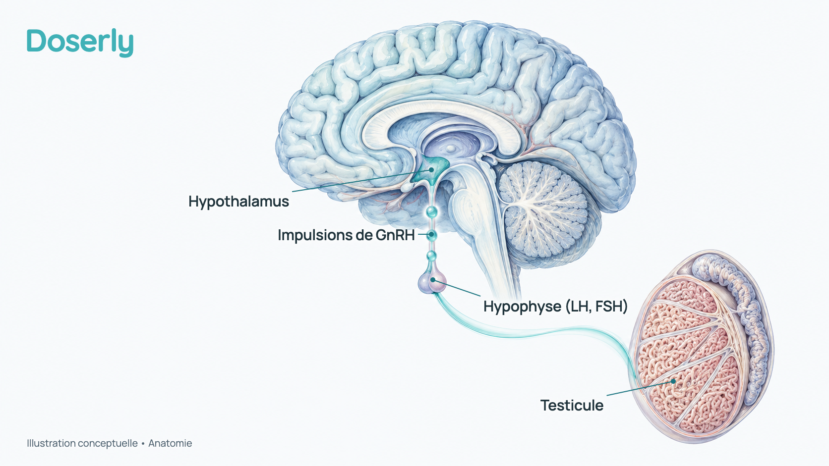 Illustration conceptuelle de l’hypothalamus, à la base du cerveau, qui libère la GnRH par impulsions distinctes vers l’hypophyse, laquelle envoie la LH et la FSH à un testicule. Elle montre l’anatomie, et non un effet mesuré d’un médicament.