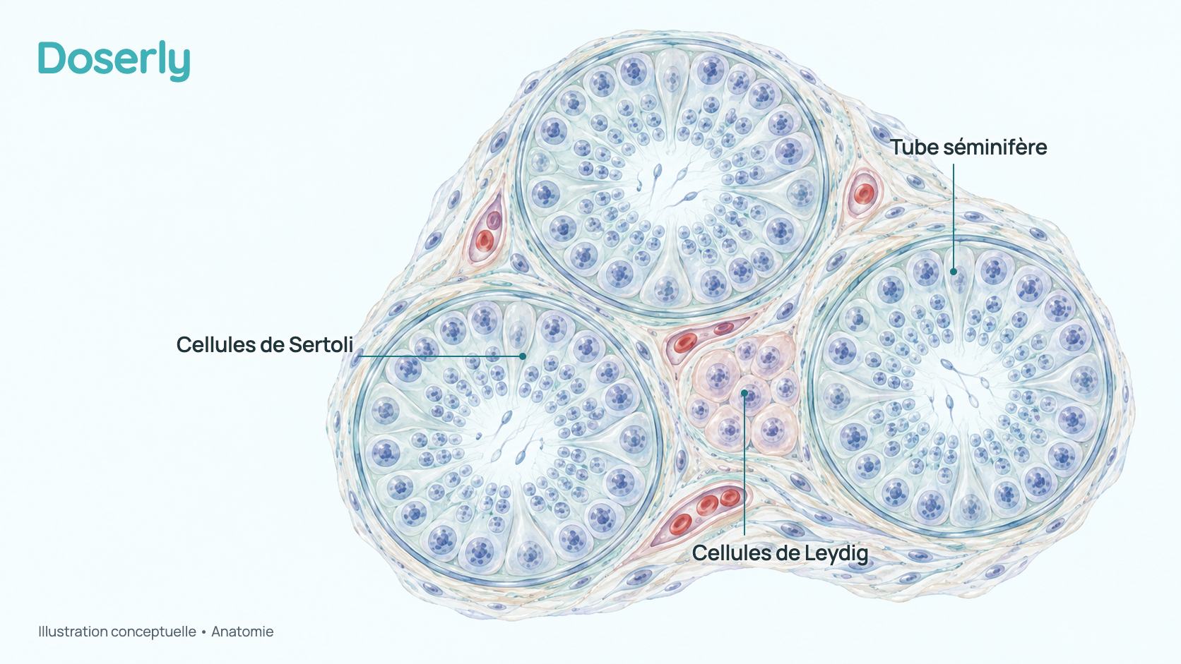 Coupe conceptuelle d’un testicule montrant les tubes qui produisent les spermatozoïdes, les cellules de Sertoli qui tapissent ces tubes et des amas de cellules de Leydig dans les espaces entre eux. C’est un schéma simplifié, pas une image de microscopie.