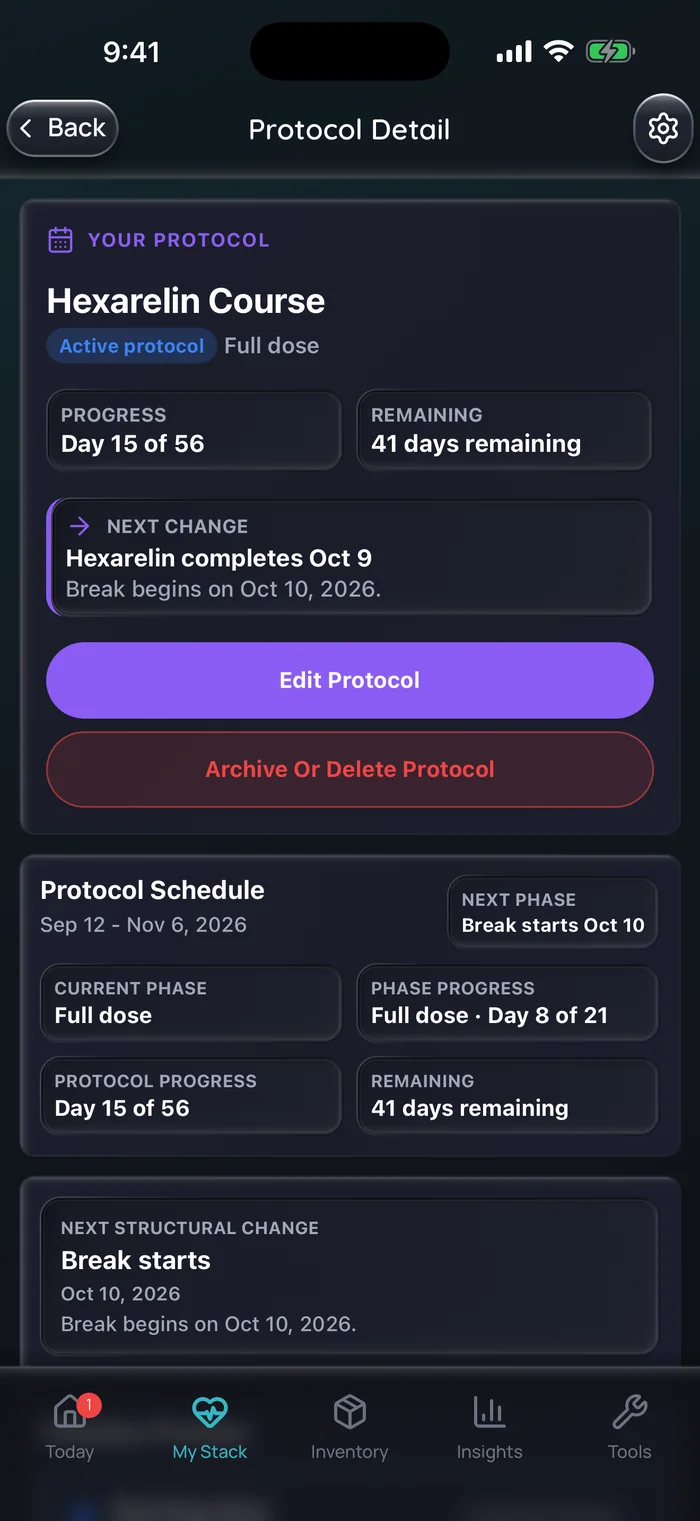 Capture de l’app Doserly (interface en anglais) : détail du protocole d’une cure d’hexaréline en phase de pleine dose, au jour 15 sur 56 avec 41 jours restants, indiquant que la pause commence le 10 octobre 2026.