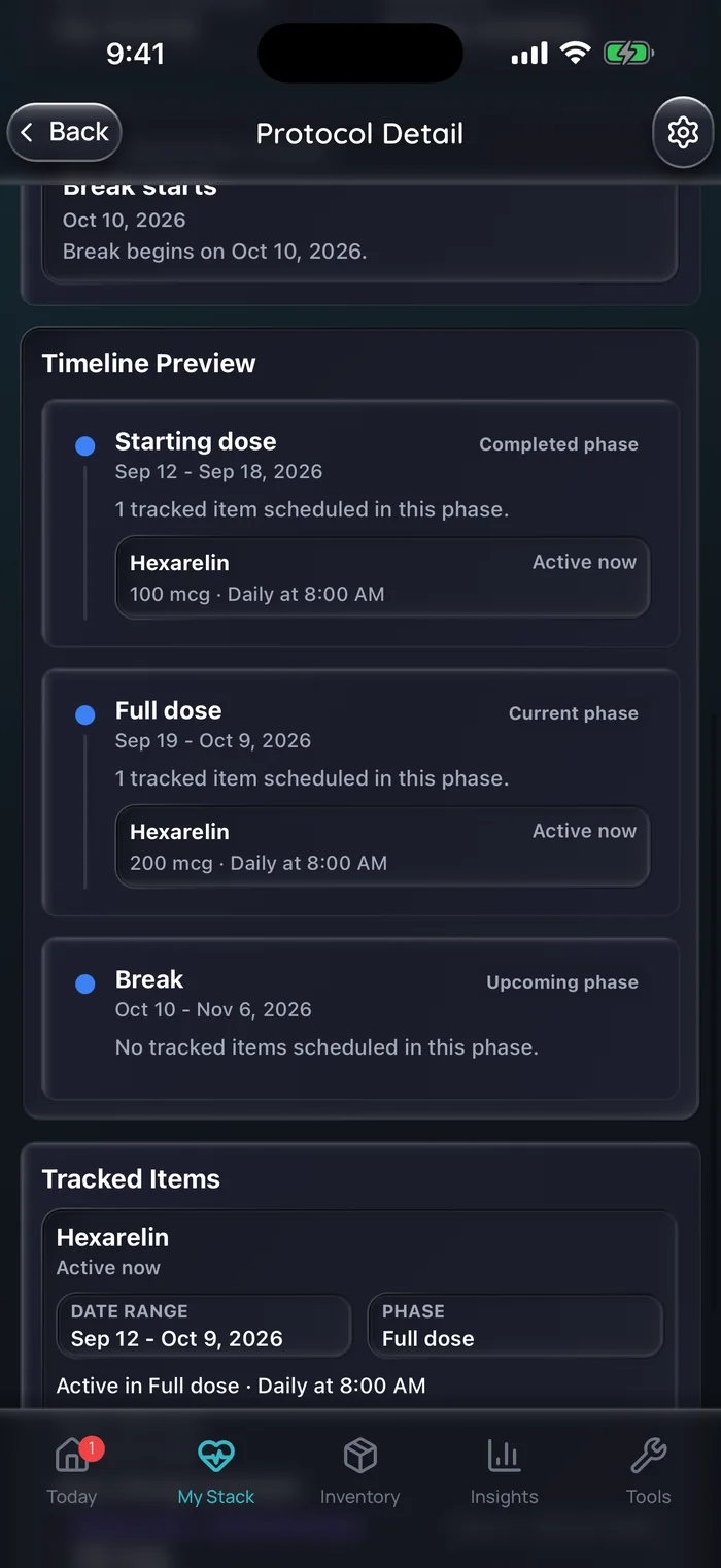 Capture de l’app Doserly (interface en anglais) : chronologie d’une cure d’hexaréline, avec une dose de départ de 100 mcg par jour à 8 h du 12 au 18 septembre, une pleine dose de 200 mcg par jour à 8 h du 19 septembre au 9 octobre, puis une pause sans dose du 10 octobre au 6 novembre 2026.