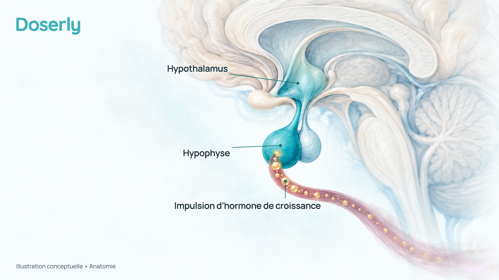 Illustration conceptuelle à l’aquarelle d’un cerveau coupé en son milieu, montrant l’hypothalamus et l’hypophyse, de la taille d’un pois, suspendue sous lui, avec une douce vague d’hormone de croissance qui quitte l’hypophyse vers un vaisseau sanguin voisin. Elle montre l’anatomie et un concept, pas un effet mesuré de l’hexaréline.