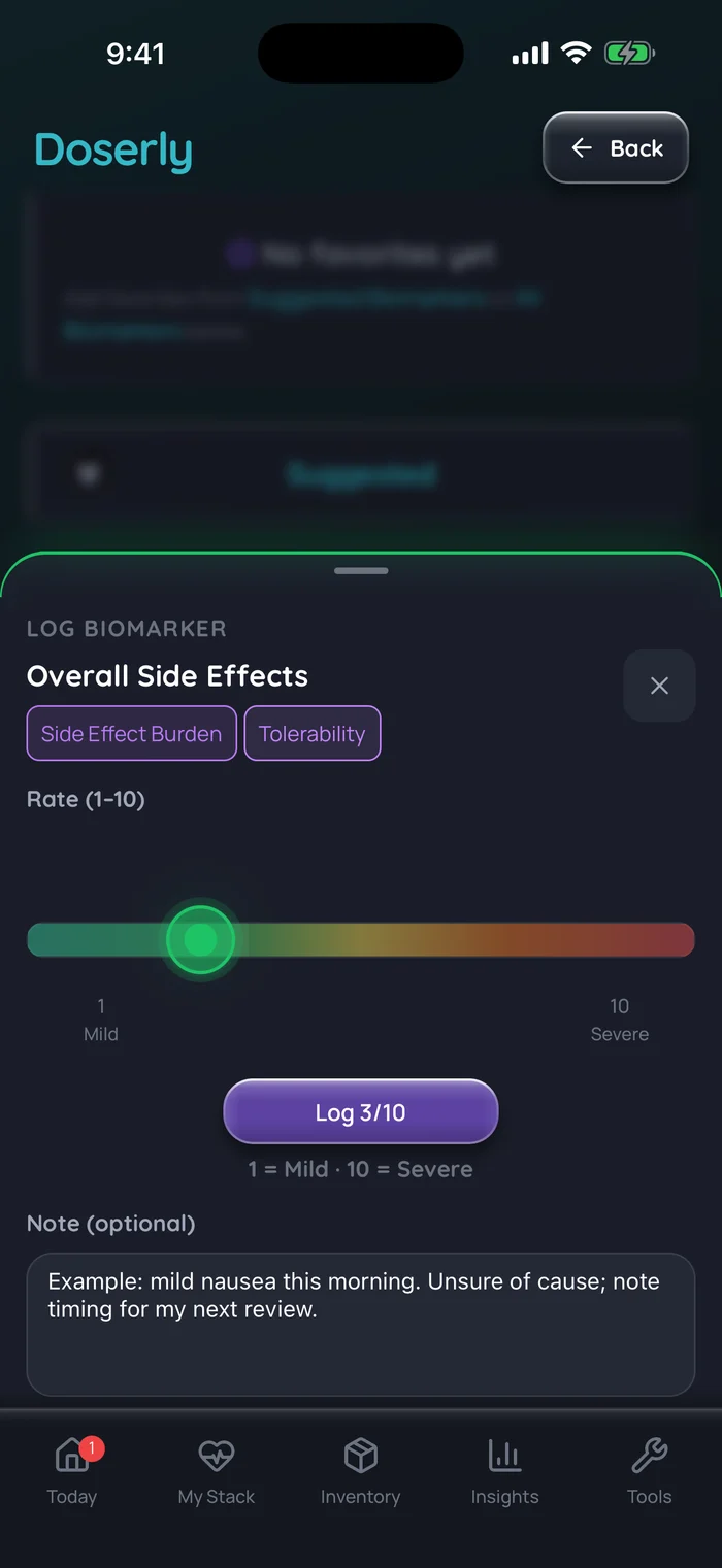 Real Doserly screen with a fictional tolerability note, without attribution of cause.