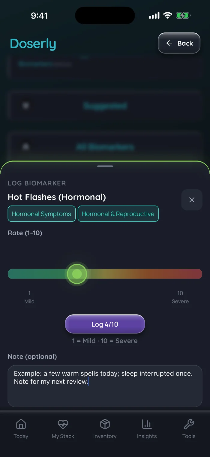 Real Doserly screen with a fictional hot-flash note.