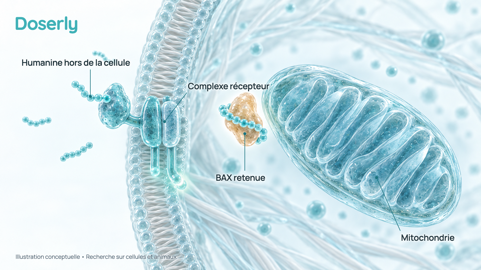Illustration conceptuelle d’une cellule dont un complexe récepteur à la surface est lié par de petits peptides situés à l’extérieur de la cellule et, à l’intérieur, d’un peptide qui retient une protéine près d’une mitochondrie. Elle montre des mécanismes proposés à partir d’études sur cellules, pas un effet démontré chez l’humain.