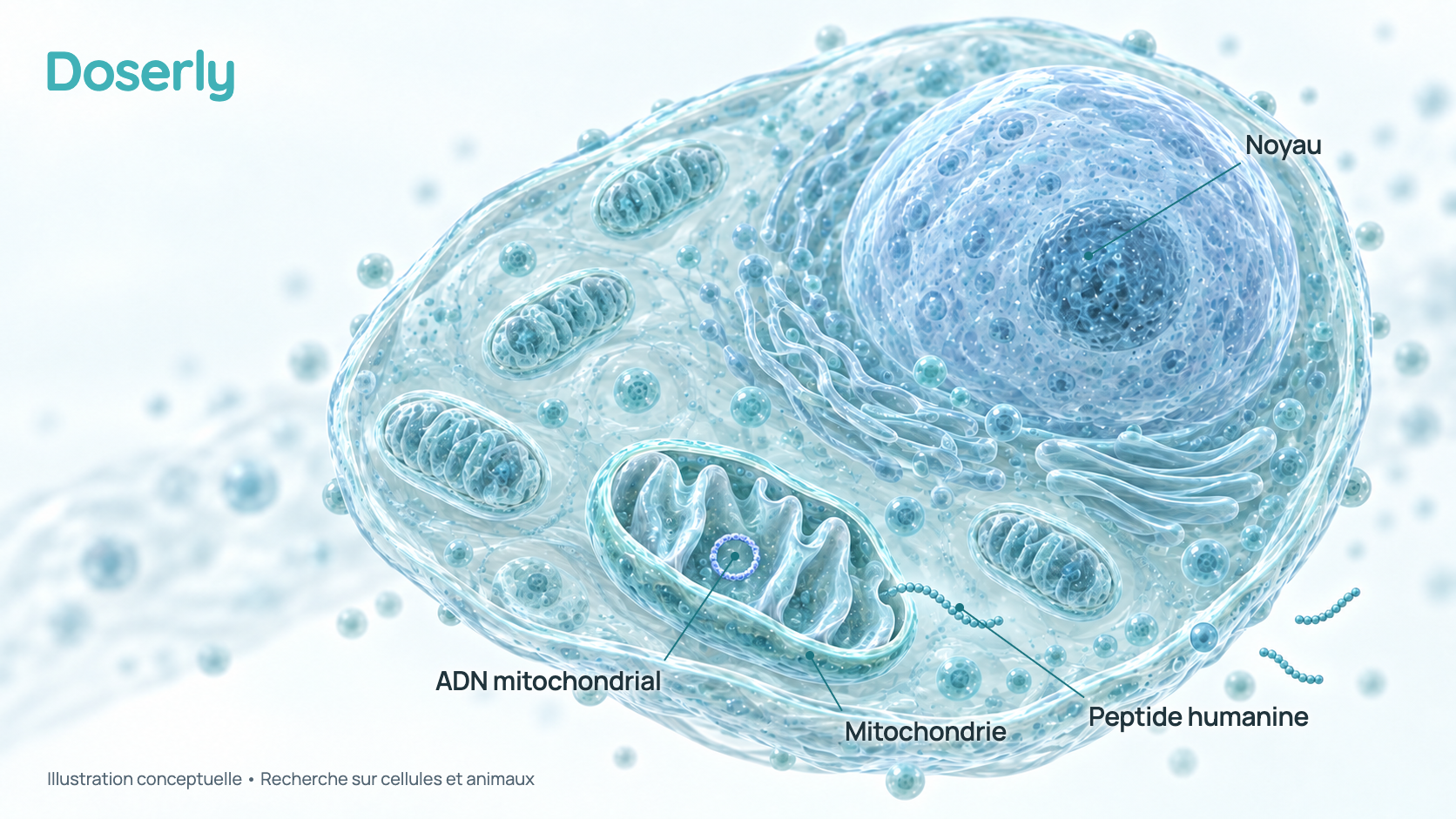Illustration conceptuelle d’une cellule aux mitochondries lumineuses, dont l’une est coupée pour montrer sa membrane interne repliée et une petite boucle d’ADN mitochondrial, avec une courte chaîne de peptide qui quitte la mitochondrie. Elle montre l’idée d’un peptide fabriqué à partir de l’ADN mitochondrial, pas un effet de la prise d’humanine.