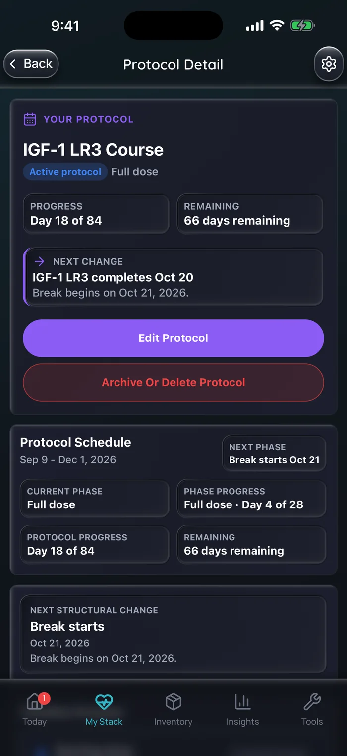 (Interface en anglais) Détail du protocole Doserly pour un exemple de cure d’IGF-1 LR3 en phase de dose complète, au jour 18 sur 84, avec 66 jours restants, indiquant que la pause commence le 21 octobre.