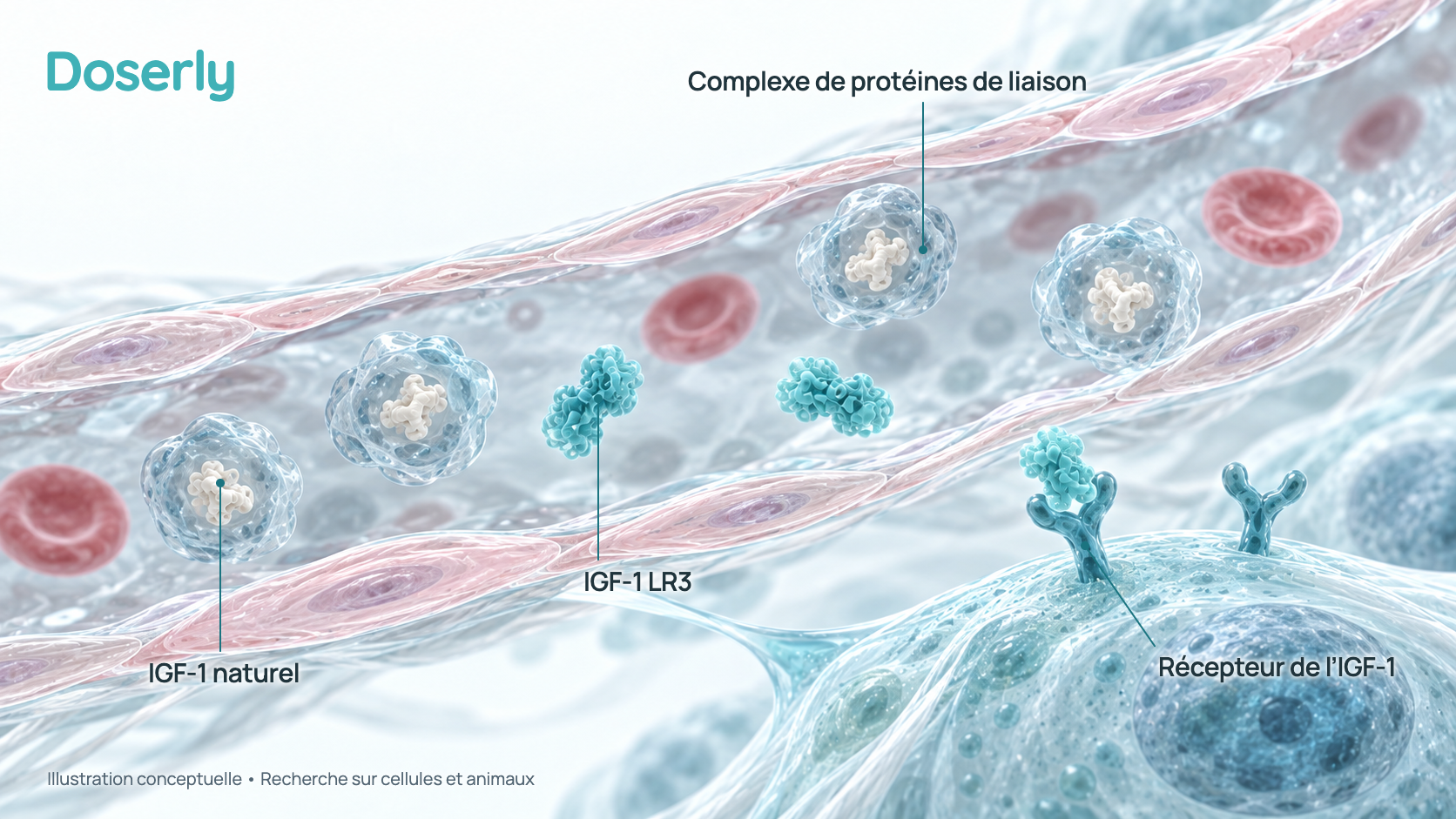 Illustration conceptuelle d’un vaisseau sanguin dans lequel des molécules d’IGF-1 naturel sont retenues dans de plus gros complexes de protéines de liaison, tandis que des chaînes plus longues d’IGF-1 LR3 flottent librement et atteignent des récepteurs sur des cellules voisines. C’est un schéma, pas une image mesurée.