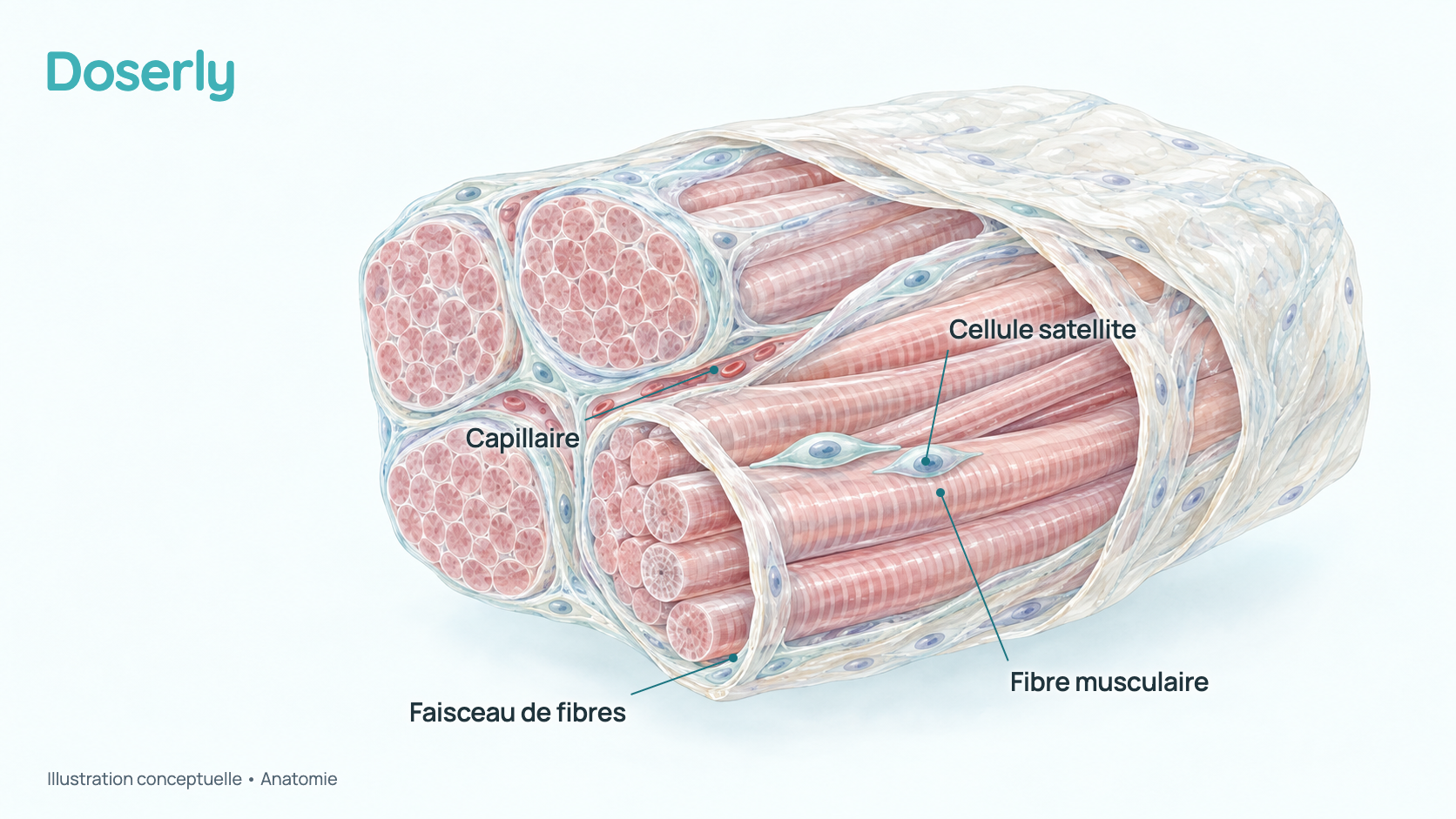 Coupe transversale conceptuelle à l’aquarelle d’un muscle squelettique montrant des faisceaux de fibres musculaires, de petites cellules satellites à leur surface et de fins capillaires entre elles. Elle montre seulement l’anatomie, pas un effet de l’IGF-1 LR3.