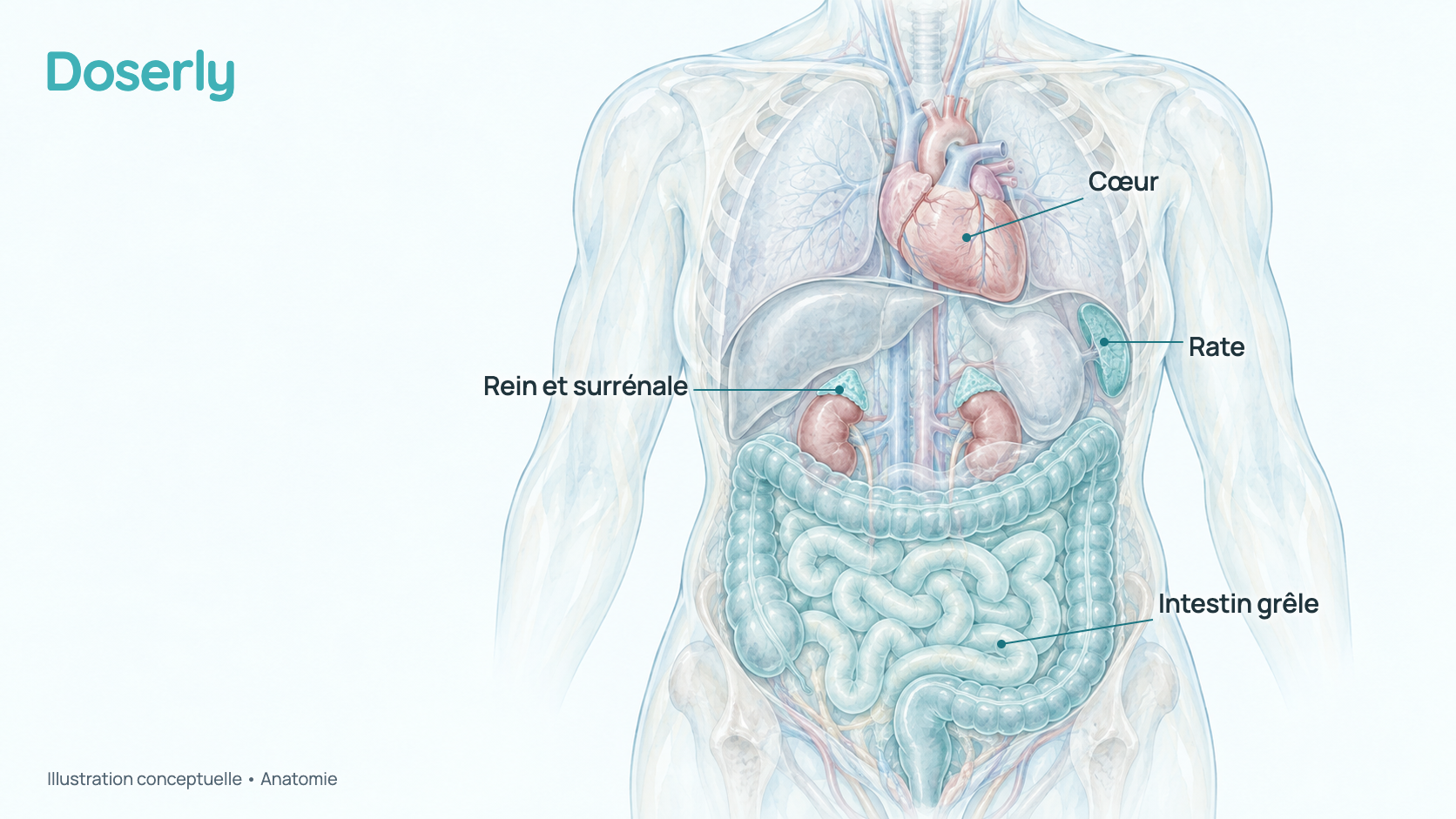 Illustration conceptuelle à l’aquarelle des organes de l’abdomen et du thorax, avec l’intestin, les reins, la rate, les glandes surrénales et le cœur légèrement mis en évidence. Elle montre seulement l’anatomie, pas des organes grossis par l’IGF-1 LR3 chez l’humain.
