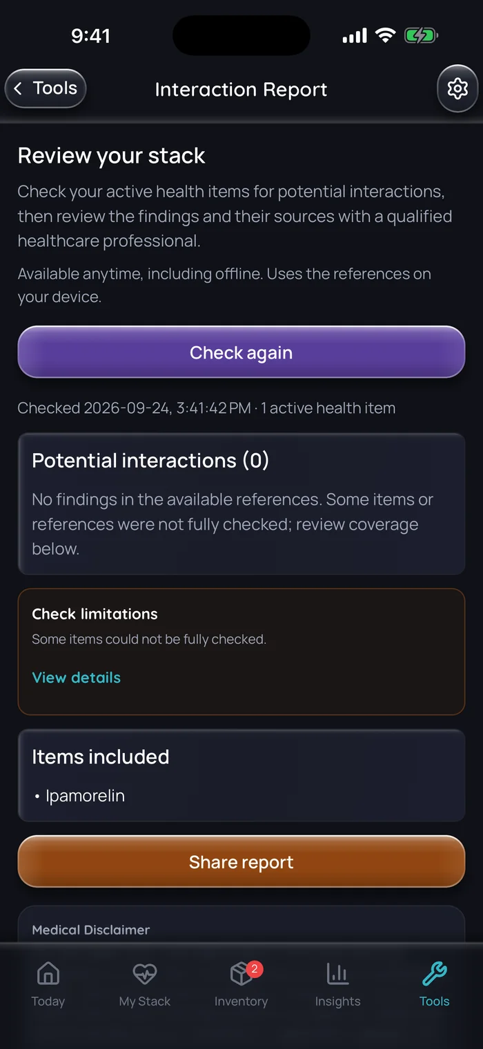 Capture de l’app Doserly (interface en anglais), données d’exemple : rapport d’interactions pour une combinaison comptant un seul élément actif, l’ipamoréline, sans aucun résultat dans les références disponibles, avec une note indiquant que certains éléments n’ont pas pu être entièrement vérifiés.