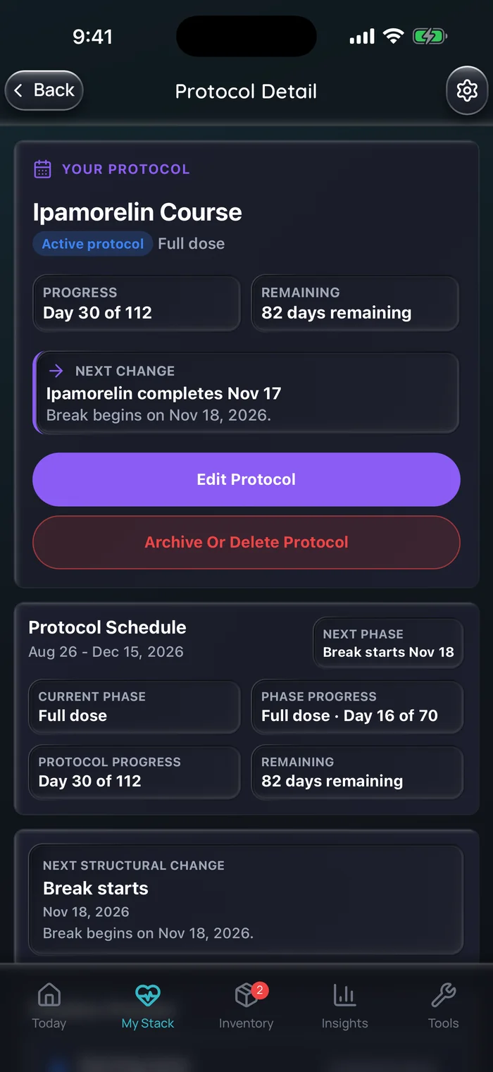 Capture de l’app Doserly (interface en anglais), données d’exemple : détail d’un protocole d’ipamoréline en phase de dose complète, au jour 30 sur 112 avec 82 jours restants, qui indique que les doses se terminent le 17 novembre et qu’une pause commence le 18 novembre.