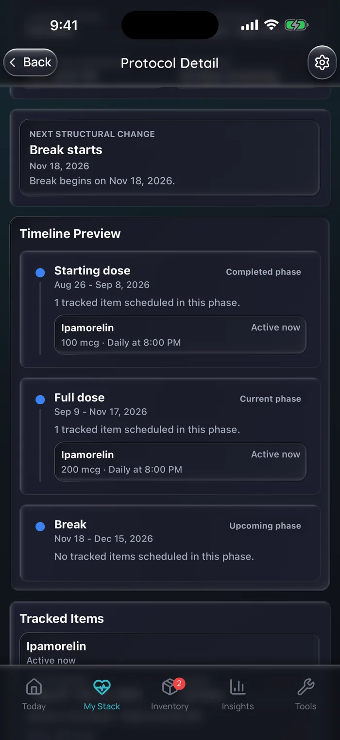 Doserly timeline preview for an Ipamorelin course: a starting phase of 100 mcg daily at 8:00 PM from Aug 26 to Sep 8, a full-dose phase of 200 mcg daily at 8:00 PM from Sep 9 to Nov 17, then a break with no doses until Dec 15, 2026.