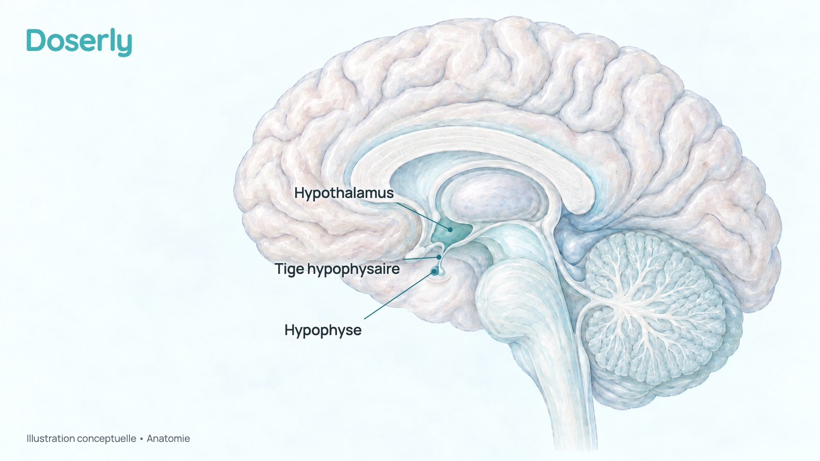 Illustration conceptuelle à l’aquarelle de la base du cerveau coupé au milieu, montrant l’hypothalamus et l’hypophyse, de la taille d’un pois, suspendue sous lui par une fine tige. Elle montre seulement l’anatomie, pas un effet de l’ipamoréline.