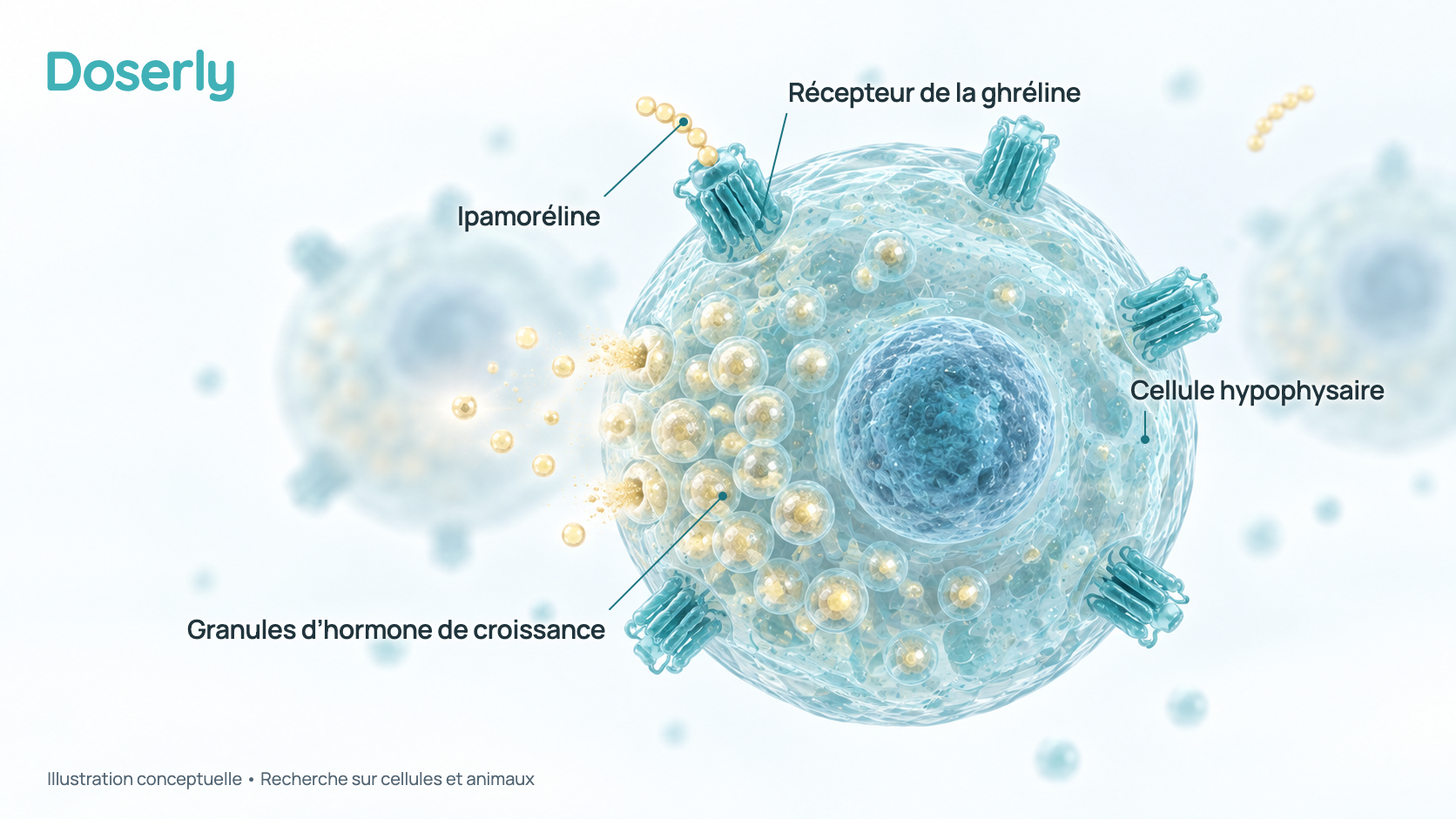 Illustration conceptuelle d’une cellule de l’hypophyse dont la surface porte des protéines réceptrices, avec de petites chaînes de peptides qui s’y fixent et des granules d’hormone de croissance libérés par la cellule. Elle représente la recherche sur cellules et chez l’animal, pas une structure moléculaire mesurée.
