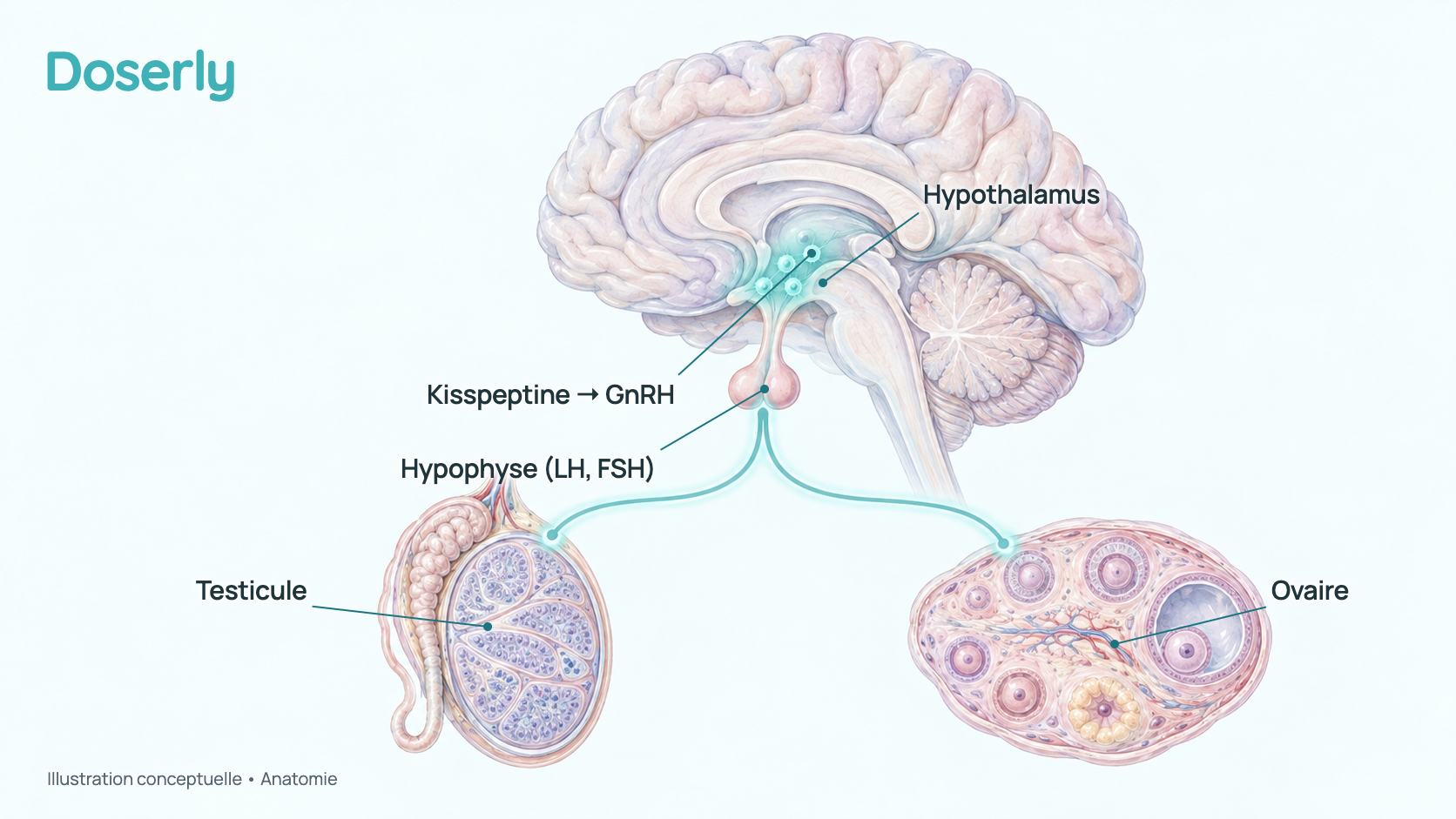 Illustration conceptuelle de l’hypothalamus et de l’hypophyse à la base du cerveau, avec des signaux vers un testicule et un ovaire. Elle montre l’anatomie, pas un effet mesuré de la kisspeptine.