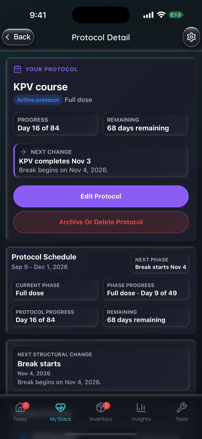 Capture de l’app Doserly (interface en anglais), données d’exemple : détails d’un protocole de KPV à pleine dose, au jour 16 sur 84, avec 68 jours restants et une pause qui commence le 4 novembre.