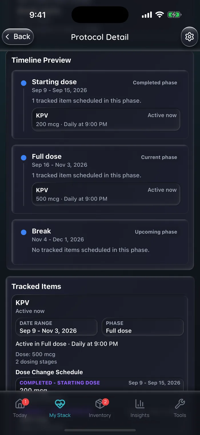 Capture de l’app Doserly (interface en anglais), données d’exemple : chronologie d’une cure de KPV à 200 mcg par jour à 21 h du 9 au 15 septembre, puis 500 mcg par jour à 21 h du 16 septembre au 3 novembre, puis une pause du 4 novembre au 1er décembre sans dose prévue.
