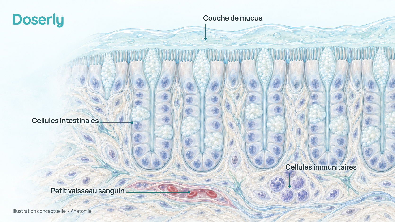 Coupe conceptuelle de la muqueuse du côlon : une seule couche de hautes cellules de la paroi intestinale formant des cryptes tubulaires, des cellules caliciformes remplies de mucus, une couche de mucus sur la surface interne et de petits vaisseaux sanguins et cellules immunitaires dans le tissu sous-jacent. Elle montre l’anatomie, pas un effet du KPV.