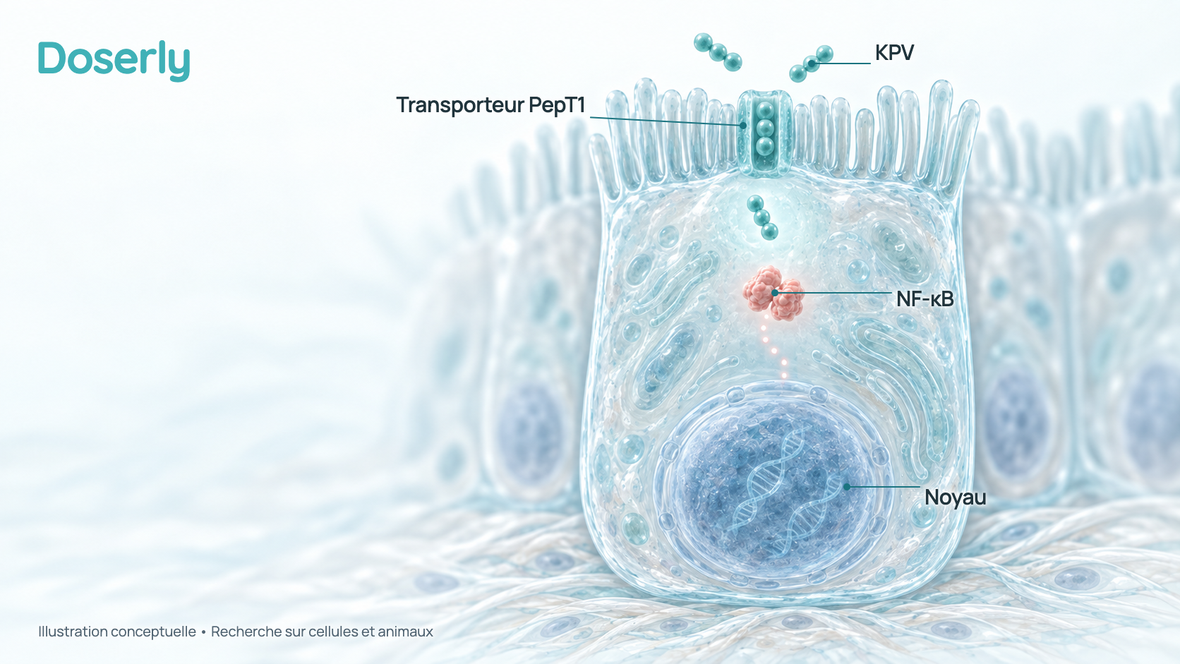 Illustration conceptuelle d’une cellule de la paroi intestinale. Un transporteur PepT1 dans sa membrane supérieure fait entrer de petites molécules de KPV représentées par trois perles, et le commutateur inflammatoire NF-κB reste à l’extérieur du noyau. L’image combine des résultats de différents types de cellules cultivées en laboratoire; les tailles ne sont pas à l’échelle et il ne s’agit pas d’un effet mesuré chez l’humain.