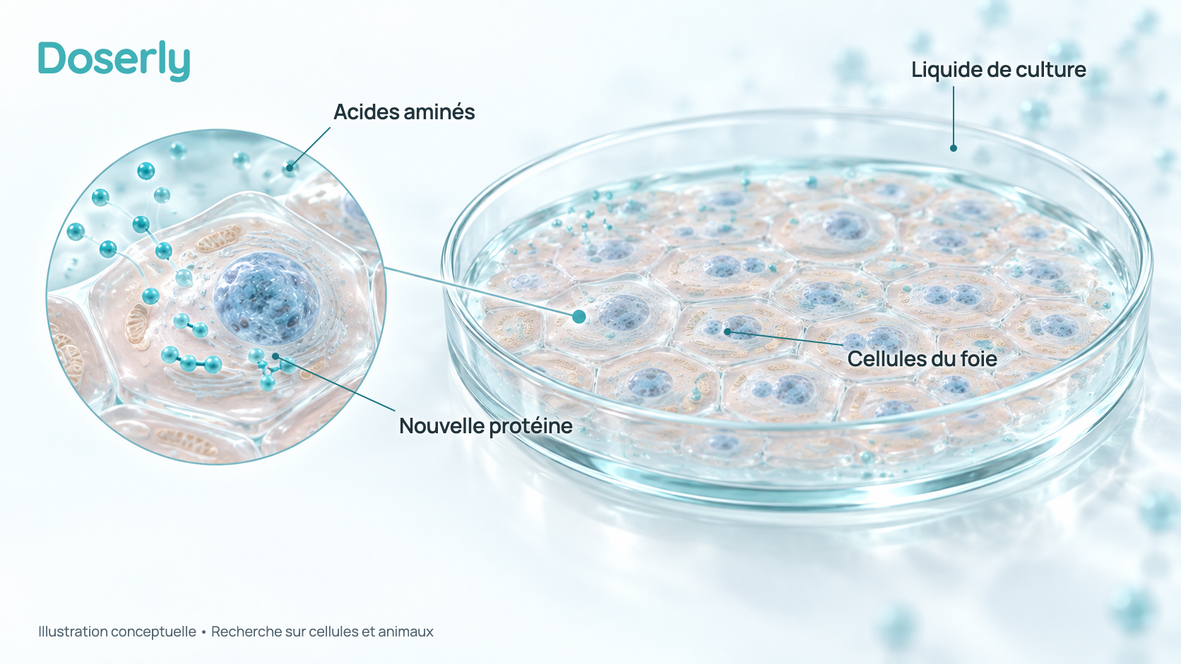 Illustration conceptuelle d’aspect vitreux d’une boîte de culture de laboratoire contenant une seule couche plane de cellules du foie, avec un encadré montrant une cellule qui assemble des acides aminés en nouvelle protéine. Elle représente une méthode de laboratoire, pas un effet démontré du Livagen chez l’humain.