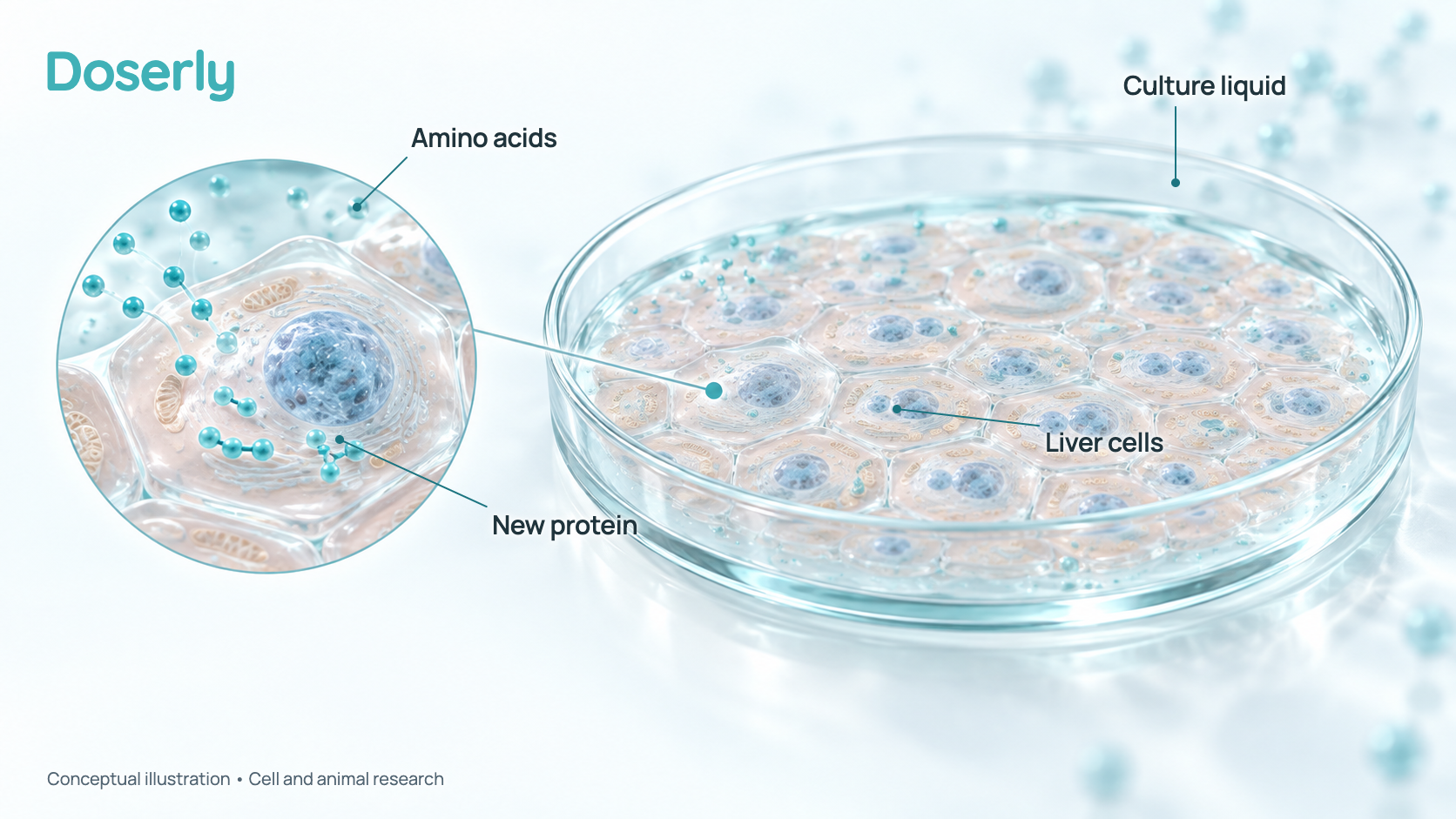 Conceptual glassy illustration of a laboratory culture dish holding a single flat layer of liver cells, with an inset of one cell joining amino acids into new protein. It represents a laboratory method, not a demonstrated effect of Livagen in people.