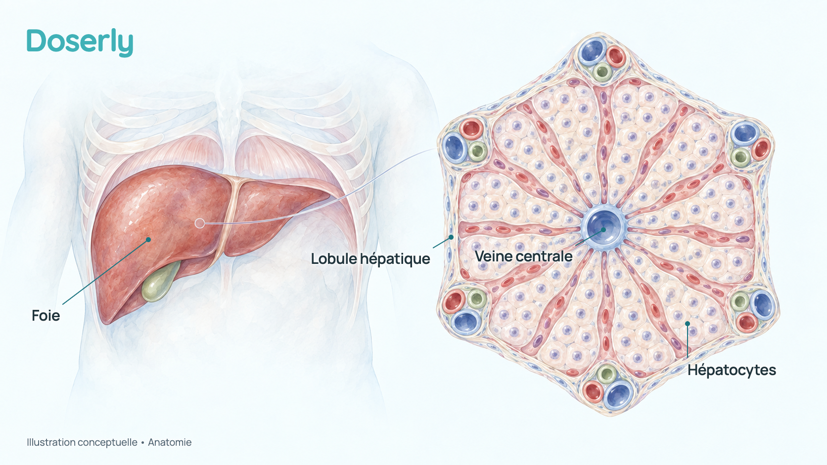 Illustration conceptuelle à l’aquarelle du haut de l’abdomen montrant le foie sous les côtes droites, avec la vésicule biliaire en dessous, et une coupe agrandie d’un lobule hépatique : des travées de cellules du foie (hépatocytes) partent des espaces portes situés à ses coins vers une veine centrale. Elle montre seulement l’anatomie, pas un effet du Livagen.