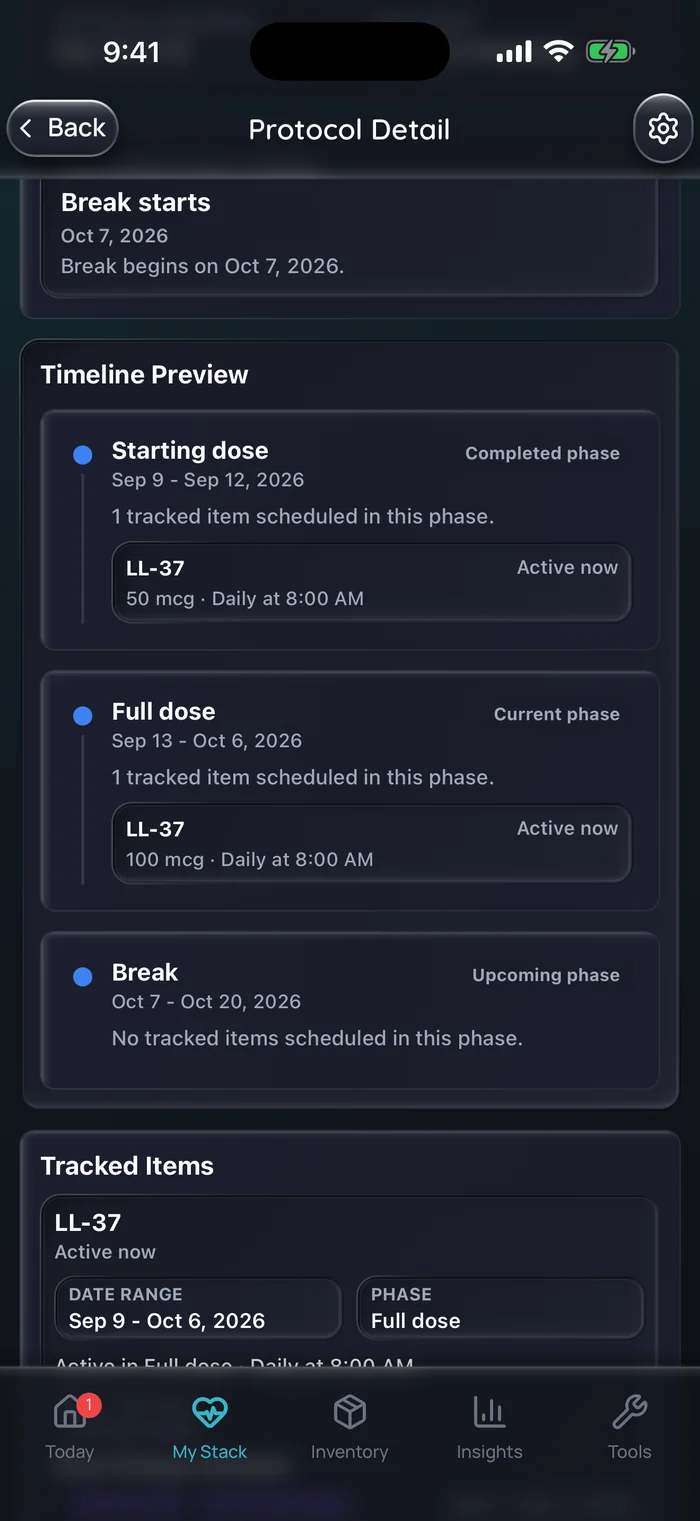 Capture de l’app Doserly (interface en anglais), données d’exemple : aperçu de la chronologie d’une cure d’exemple de LL-37 avec une phase de dose de départ de 50 mcg chaque jour à 8 h du 9 au 12 septembre, une phase de pleine dose de 100 mcg chaque jour à 8 h du 13 septembre au 6 octobre et une pause du 7 au 20 octobre sans prise prévue.