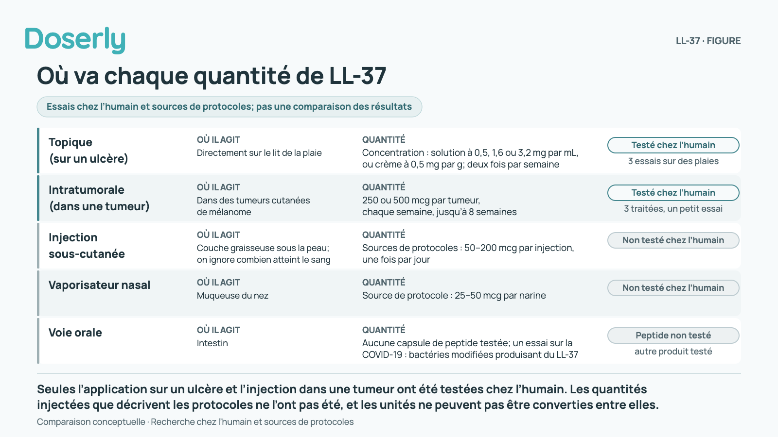 Où va chaque quantité de LL-37. Essais chez l’humain et sources de protocoles; pas une comparaison des résultats; Topique (sur un ulcère) : où il agit, directement sur le lit de la plaie; quantité, concentration : solution à 0,5, 1,6 ou 3,2 mg par mL, ou crème à 0,5 mg par g; deux fois par semaine; testé chez l’humain : 3 essais sur des plaies; Intratumorale (dans une tumeur) : où il agit, dans des tumeurs cutanées de mélanome; quantité, 250 ou 500 mcg par tumeur, chaque semaine, jusqu’à 8 semaines; testé chez l’humain : 3 personnes traitées dans un petit essai; Injection sous-cutanée : où il agit, couche graisseuse sous la peau; on ignore quelle quantité atteint le sang; quantité, sources de protocoles : 50 à 200 mcg par injection, une fois par jour; non testé chez l’humain; Vaporisateur nasal : où il agit, muqueuse du nez; quantité, source de protocole : 25 à 50 mcg par narine; non testé chez l’humain; Voie orale : où il agit, intestin; quantité, aucune capsule de peptide testée; un essai sur la COVID-19 a utilisé des bactéries vivantes modifiées pour produire du LL-37; peptide non testé; un autre produit a été testé; Comparaison conceptuelle · Recherche chez l’humain et sources de protocoles; Seules l’application sur un ulcère et l’injection dans une tumeur ont été testées chez l’humain. Les quantités injectées que décrivent les protocoles ne l’ont pas été, et les unités ne peuvent pas être converties les unes en les autres.