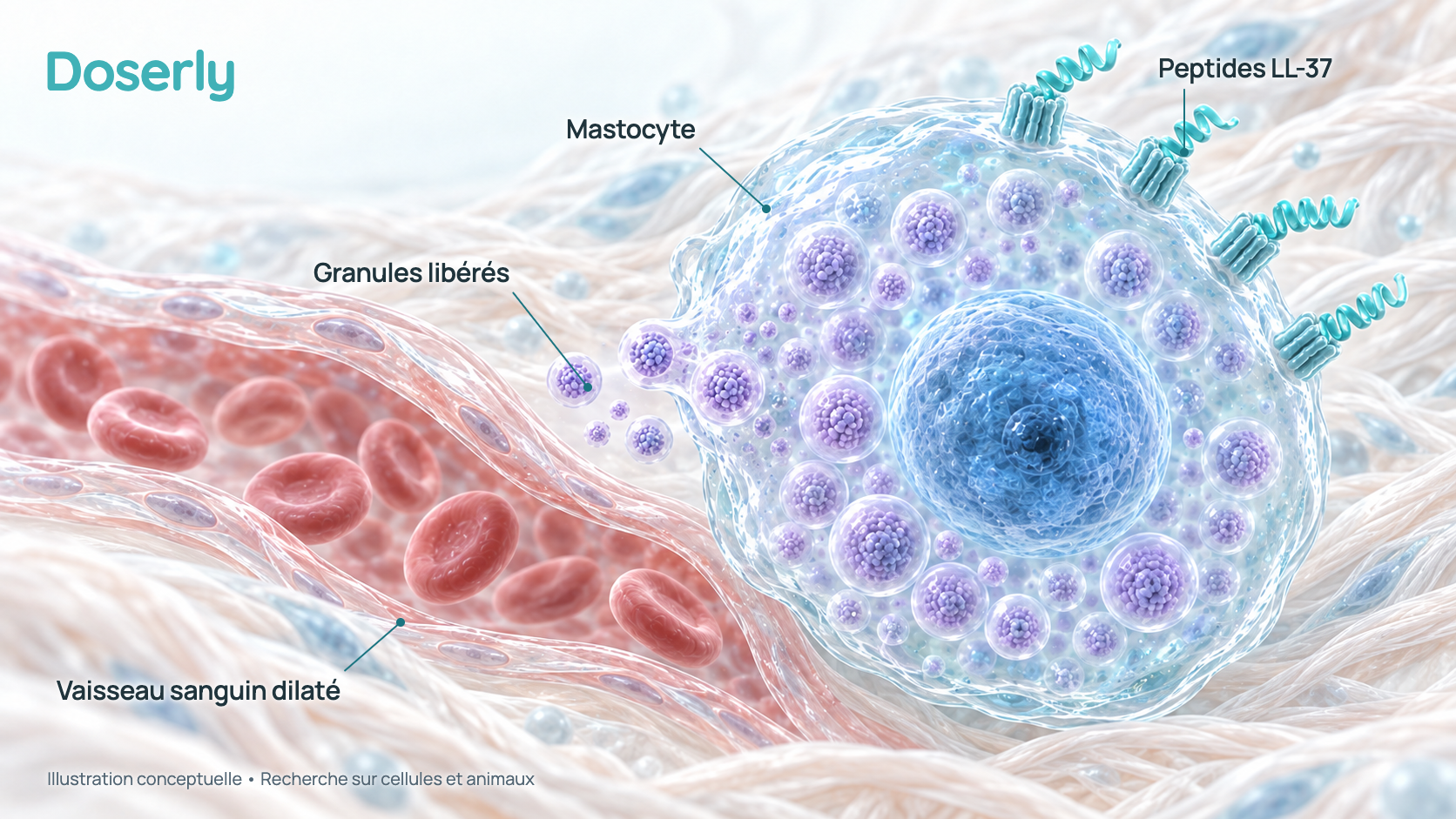 Illustration conceptuelle d’un mastocyte dans la peau libérant des granules près d’un petit vaisseau sanguin dilaté, avec de petits peptides LL-37 à sa surface. Elle représente des recherches chez la souris et sur cellules, pas un effet mesuré chez l’humain.