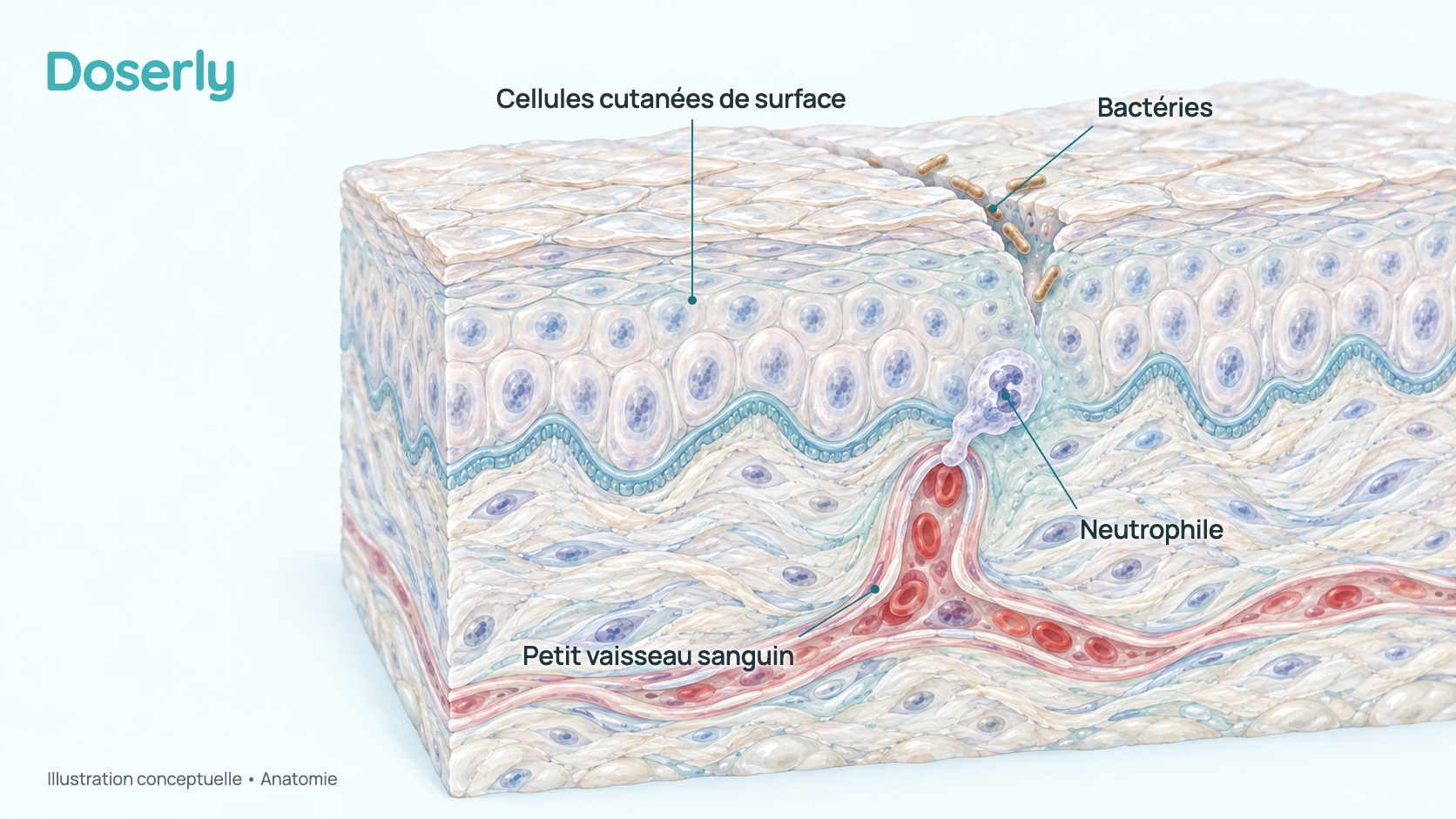 Coupe conceptuelle de la peau montrant les cellules cutanées en surface, une petite lésion contenant des bactéries et un globule blanc sortant d’un petit vaisseau sanguin. Elle montre où le corps produit son propre LL-37, pas un effet d’un produit fabriqué en laboratoire.