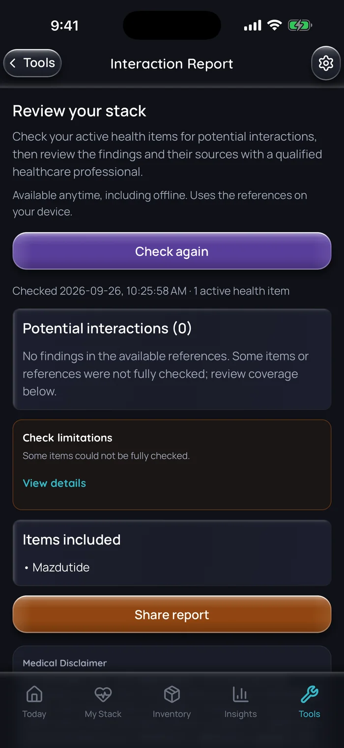 Doserly interaction report for a stack with one active item, Mazdutide: no potential interactions found in the available references, and a note that some items could not be fully checked.