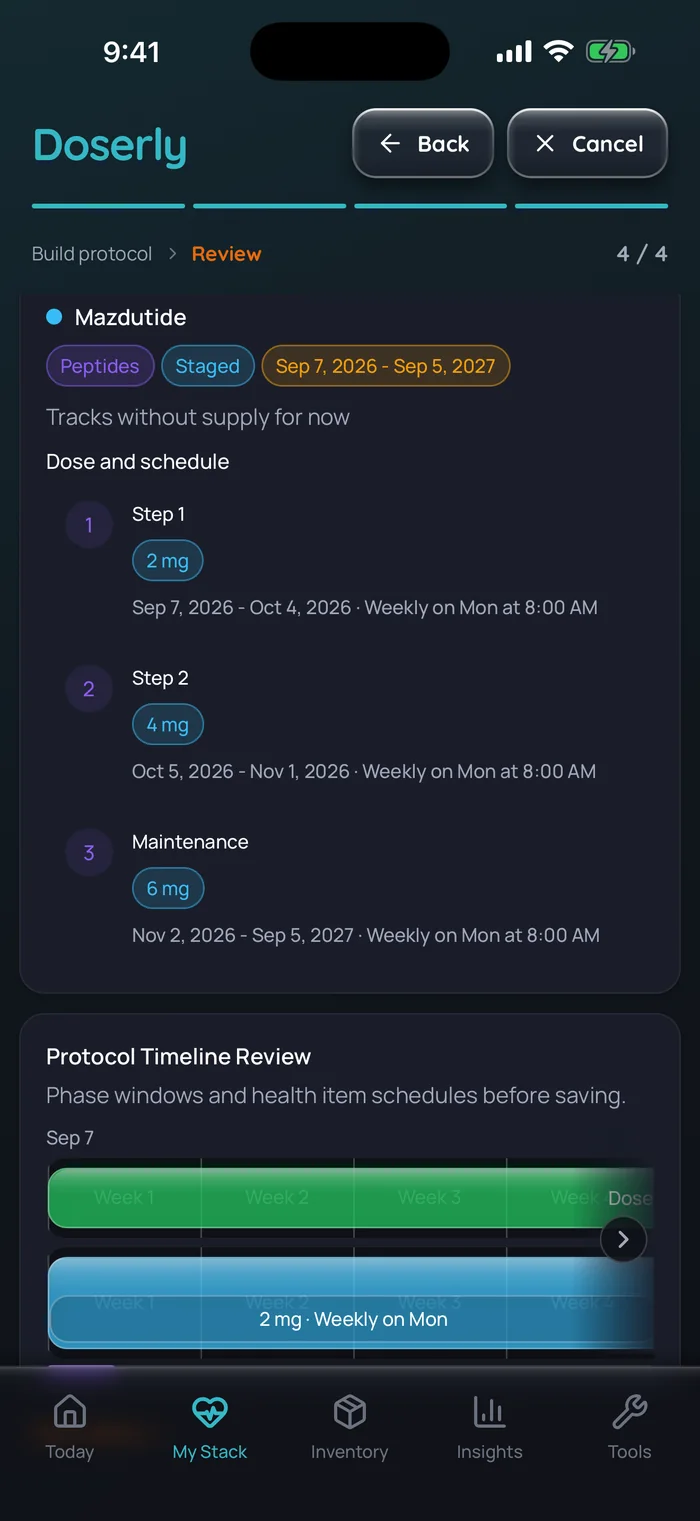 Doserly protocol review for an example Mazdutide course following the China label steps: 2 mg from Sep 7 to Oct 4, 4 mg from Oct 5 to Nov 1, then 6 mg maintenance from Nov 2, each weekly on Monday at 8:00 AM.