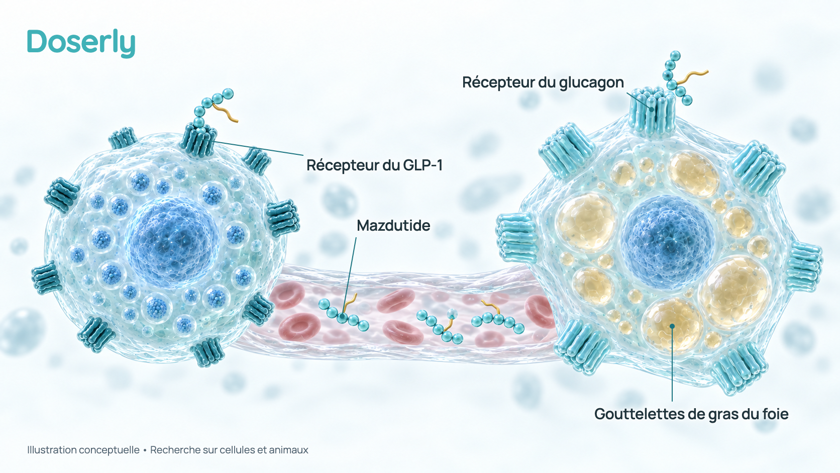 Illustration conceptuelle de molécules de mazdutide dans un petit vaisseau sanguin, qui se lient aux récepteurs du GLP-1 d’une cellule pancréatique productrice d’insuline et aux récepteurs du glucagon d’une cellule du foie contenant des gouttelettes de graisse. C’est un schéma simplifié, pas une image de microscopie.