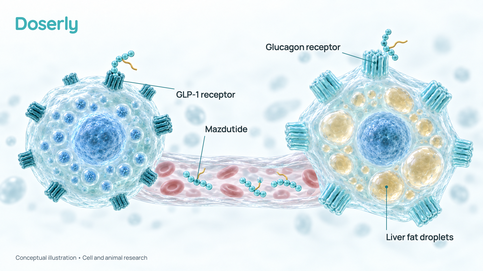 Conceptual illustration of mazdutide molecules in a small blood vessel, binding GLP-1 receptors on an insulin-making pancreatic cell and glucagon receptors on a liver cell containing fat droplets. It is a simplified schematic, not microscopy.