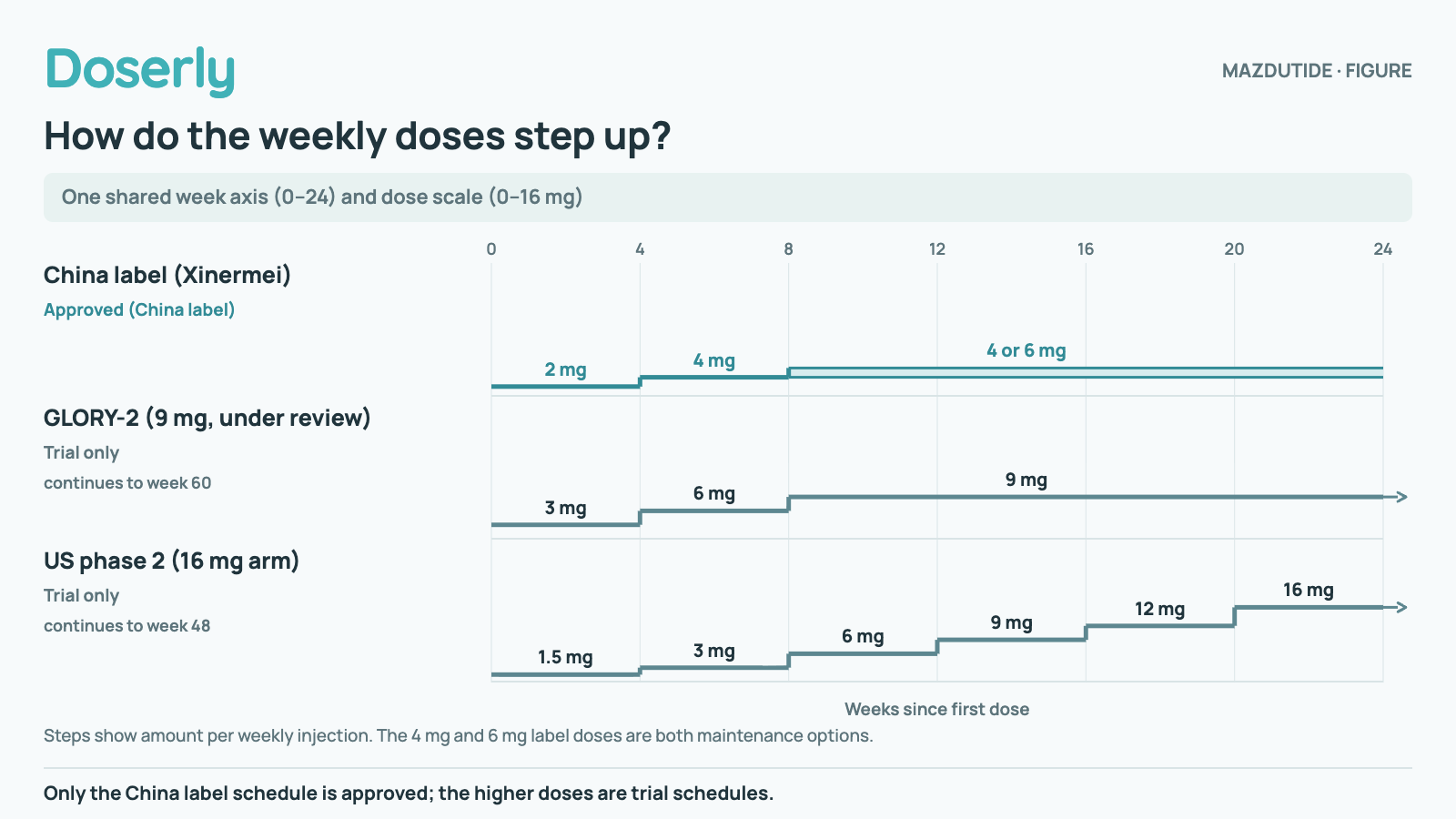 Three step timelines on a shared 0–24-week and 0–16-mg scale. China label (Xinermei) · Approved (China label): 2 mg in weeks 1–4; 4 mg in weeks 5–8; 4 or 6 (maintenance) from week 9+.; GLORY-2 (9 mg, under review) · Trial only: 3 mg in weeks 1–4; 6 mg in weeks 5–8; 9 mg in weeks 9–60.; US phase 2 (16 mg arm) · Trial only: 1.5 mg in weeks 0–3; 3 mg in weeks 4–7; 6 mg in weeks 8–11; 9 mg in weeks 12–15; 12 mg in weeks 16–19; 16 mg in weeks 20–48. Steps show amount per weekly injection. The 4 mg and 6 mg label doses are both maintenance options.