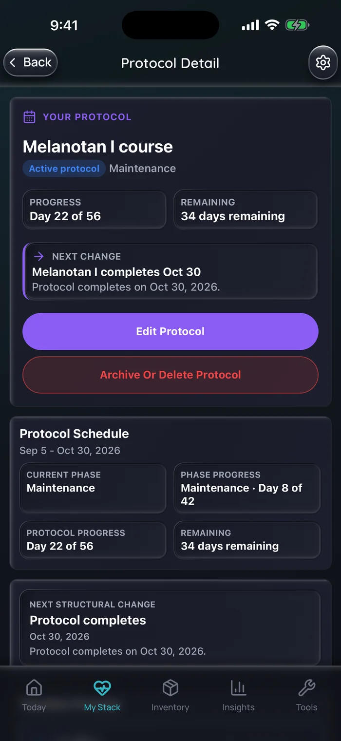 Capture de l’app Doserly (interface en anglais) : détail du protocole d’un traitement au Melanotan I en phase d’entretien, au jour 22 sur 56 avec 34 jours restants, indiquant que le traitement se termine le 30 octobre 2026.