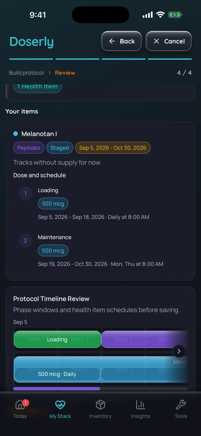 Capture de l’app Doserly (interface en anglais) : révision du plan d’un traitement au Melanotan I, avec une phase de charge de 500 mcg par jour à 8 h du 5 au 18 septembre, puis un entretien de 500 mcg le lundi et le jeudi à 8 h du 19 septembre au 30 octobre 2026, les deux phases sur une ligne du temps.