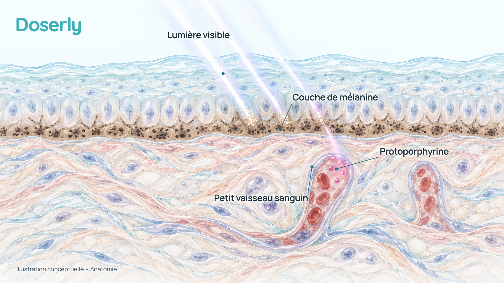Coupe conceptuelle de la peau où des rayons lumineux traversent les couches externes jusqu’à de petits vaisseaux sanguins dans la peau profonde, où des molécules sensibles à la lumière s’illuminent, tandis qu’une bande de mélanine foncée dans la partie supérieure de la peau absorbe une partie de la lumière. L’image ne montre pas un effet mesuré chez une personne.