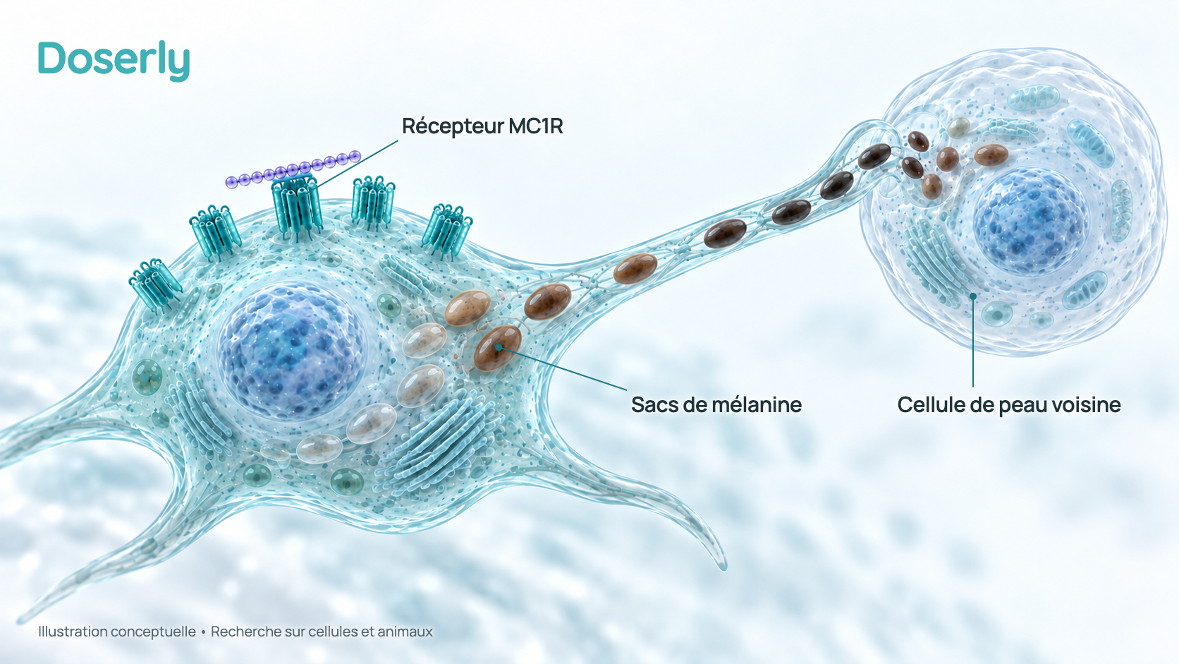 Illustration conceptuelle d’une cellule pigmentaire portant des récepteurs MC1R à sa surface, qui remplit de petits sacs de mélanine foncée et les transmet le long de ses prolongements aux cellules de peau voisines. Elle représente des résultats d’études cellulaires, pas des effets mesurés chez une personne.