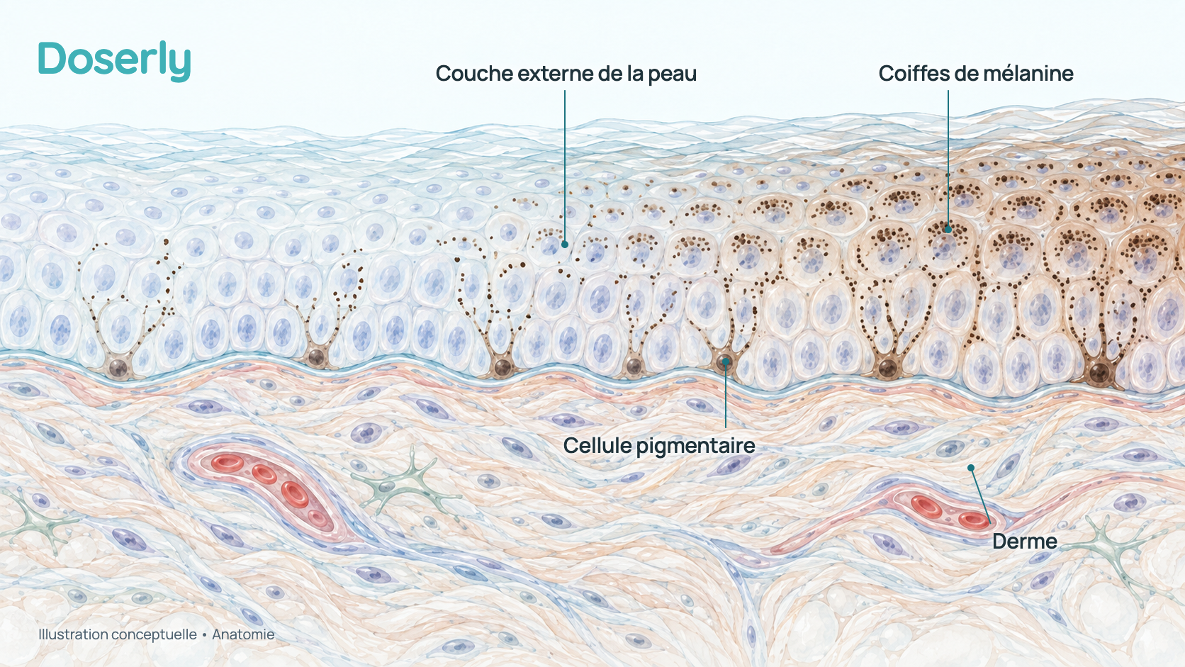 Coupe conceptuelle de la peau humaine montrant des cellules pigmentaires à la base de la couche externe qui transmettent des granules de mélanine foncée aux cellules de peau situées au-dessus, où la mélanine forme de petites coiffes sur le noyau de chaque cellule. L’image ne montre pas un effet mesuré du Melanotan I.
