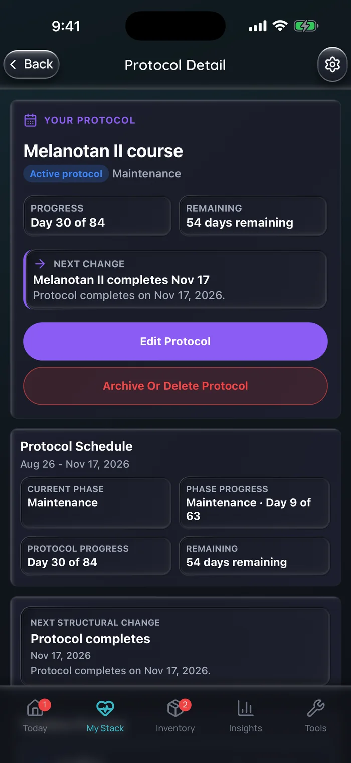 Capture de l’app Doserly (interface en anglais) : détail du protocole d’une cure de Melanotan II en phase d’entretien, au jour 30 sur 84 avec 54 jours restants, indiquant que la cure se termine le 17 novembre 2026.