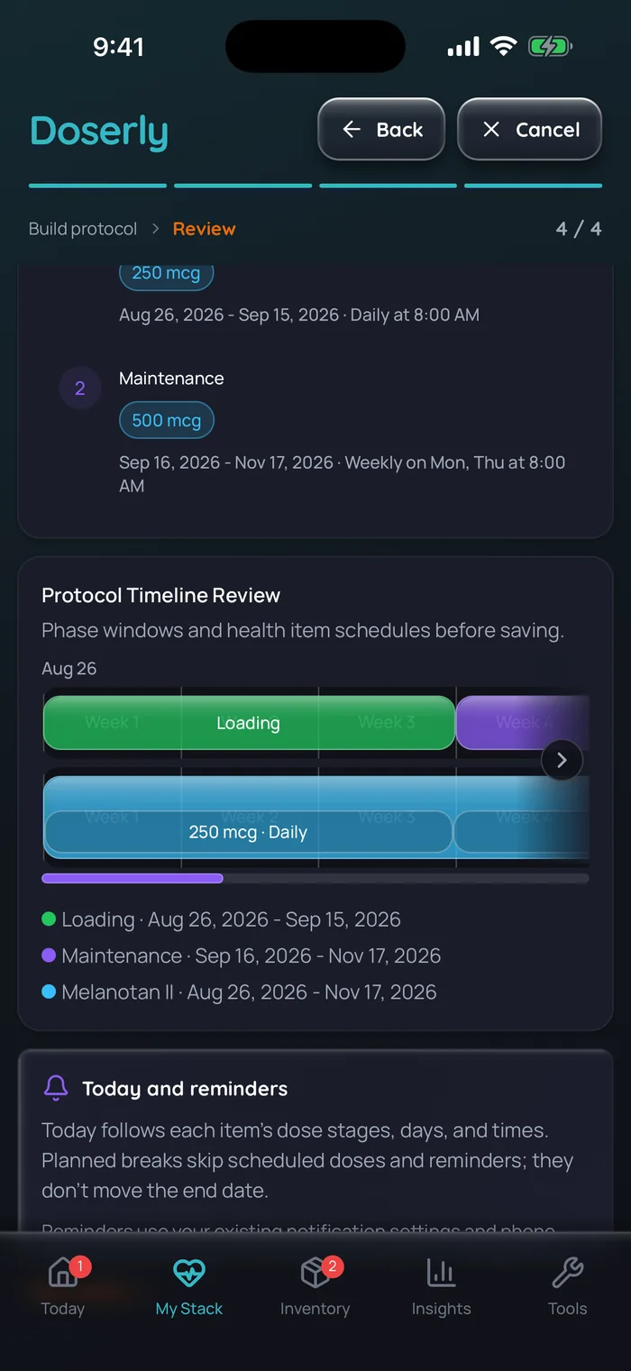 Capture de l’app Doserly (interface en anglais) : révision du plan d’une cure de Melanotan II, avec une phase de charge de 250 mcg par jour à 8 h du 26 août au 15 septembre, puis un entretien de 500 mcg par semaine le lundi et le jeudi à 8 h du 16 septembre au 17 novembre 2026, les deux phases sur une ligne du temps.