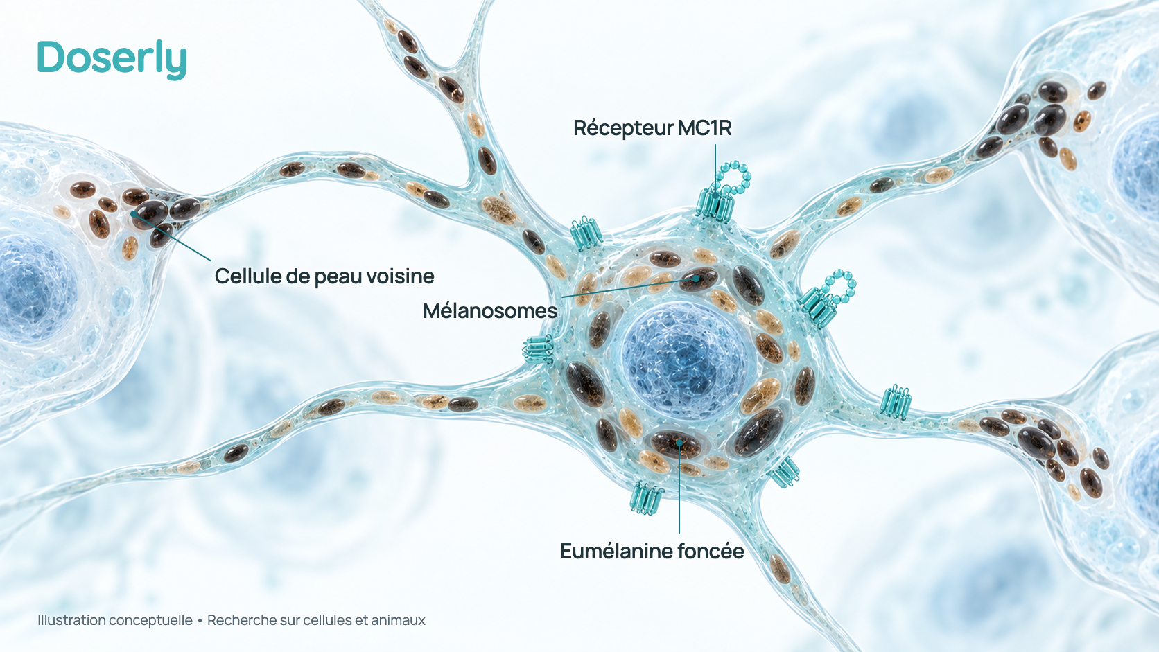 Illustration conceptuelle d’une cellule pigmentaire portant des récepteurs MC1R à sa surface, qui remplit de petits sacs de mélanine foncée et les transmet par ses prolongements aux cellules de peau voisines. Elle représente des résultats d’études cellulaires, pas des effets mesurés chez une personne.