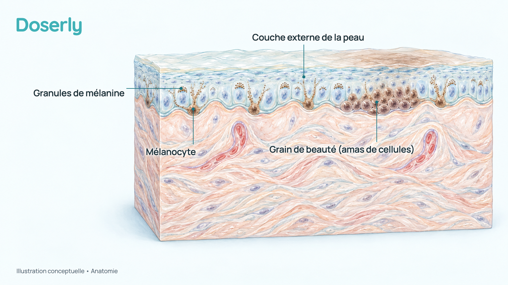 Coupe conceptuelle de la peau humaine montrant des cellules pigmentaires à la base de la couche externe qui transmettent des granules de mélanine aux cellules de peau voisines, et un petit amas de cellules pigmentaires formant un grain de beauté. Elle ne montre pas un effet mesuré du Melanotan II.