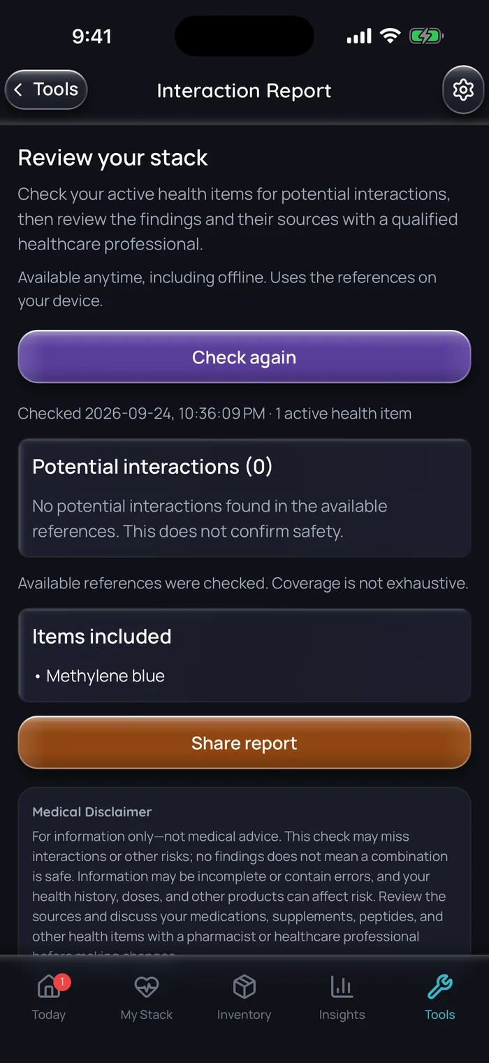 Capture de l’app Doserly (interface en anglais), données d’exemple : rapport d’interactions pour une liste contenant un seul élément actif, le bleu de méthylène; aucune interaction potentielle trouvée dans les références disponibles, un rappel que cela ne confirme pas la sécurité, et une note précisant que la couverture n’est pas exhaustive.