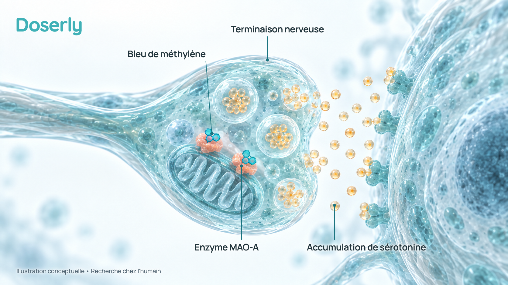 Illustration conceptuelle d’une terminaison nerveuse à côté d’une cellule nerveuse voisine. Des molécules de bleu de méthylène se logent dans des enzymes MAO-A, les enzymes qui dégradent la sérotonine, de sorte que des molécules de sérotonine s’accumulent dans l’espace entre les deux. Elle montre pourquoi le bleu de méthylène ne doit pas être combiné à des médicaments qui augmentent la sérotonine, et non un bienfait.