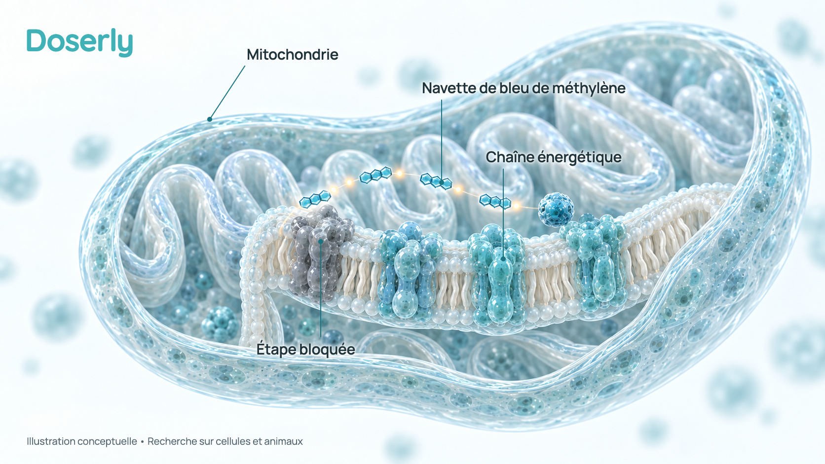 Illustration conceptuelle d’une mitochondrie ouverte qui montre sa membrane interne repliée, avec de petites molécules de bleu de méthylène qui transportent des électrons autour d’une étape bloquée de la chaîne de production d’énergie. Elle représente des expériences sur cellules, et non un effet démontré chez l’humain.