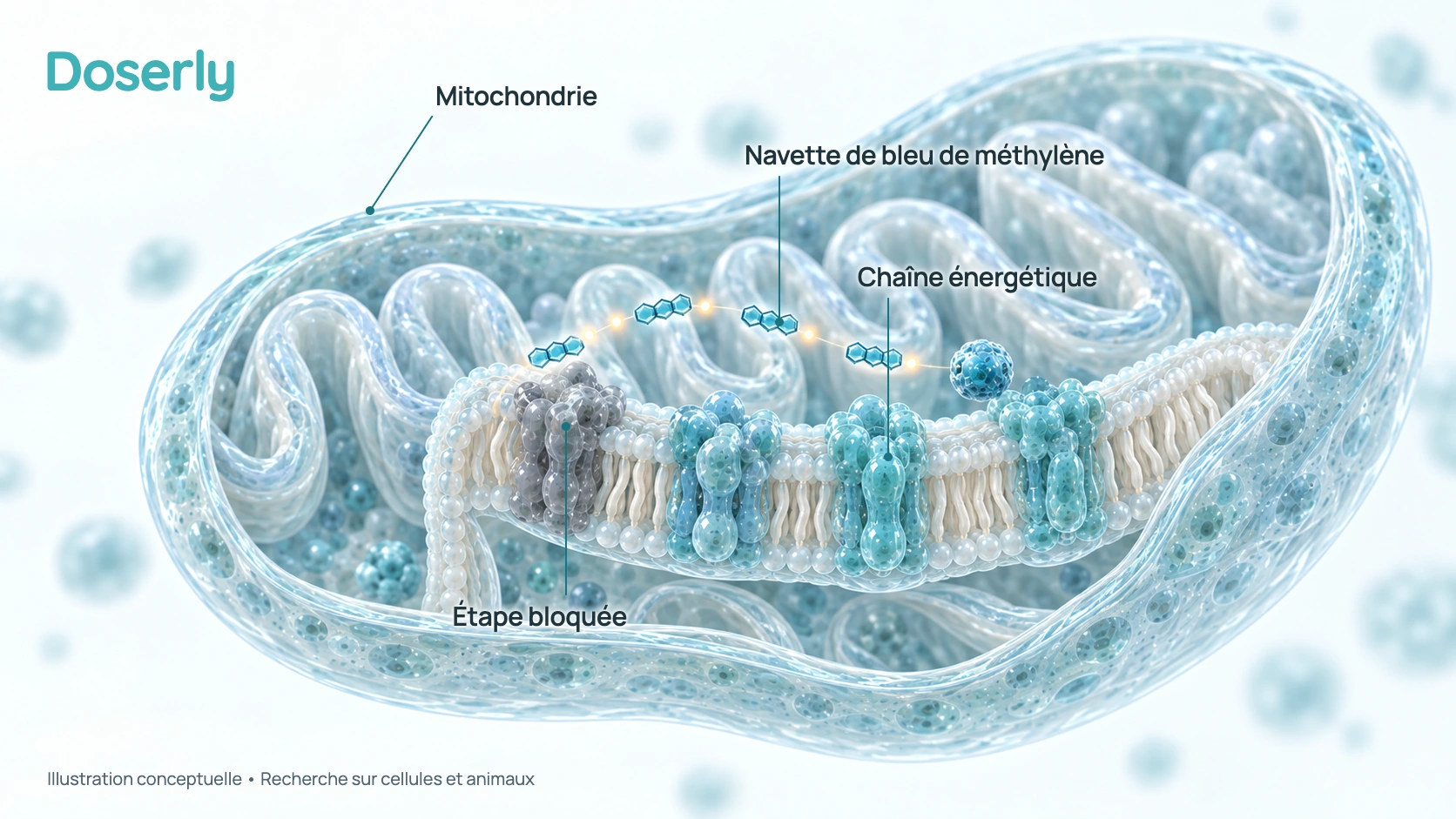 Illustration conceptuelle Doserly d’une mitochondrie avec navette redox du bleu de méthylène et chaîne énergétique.